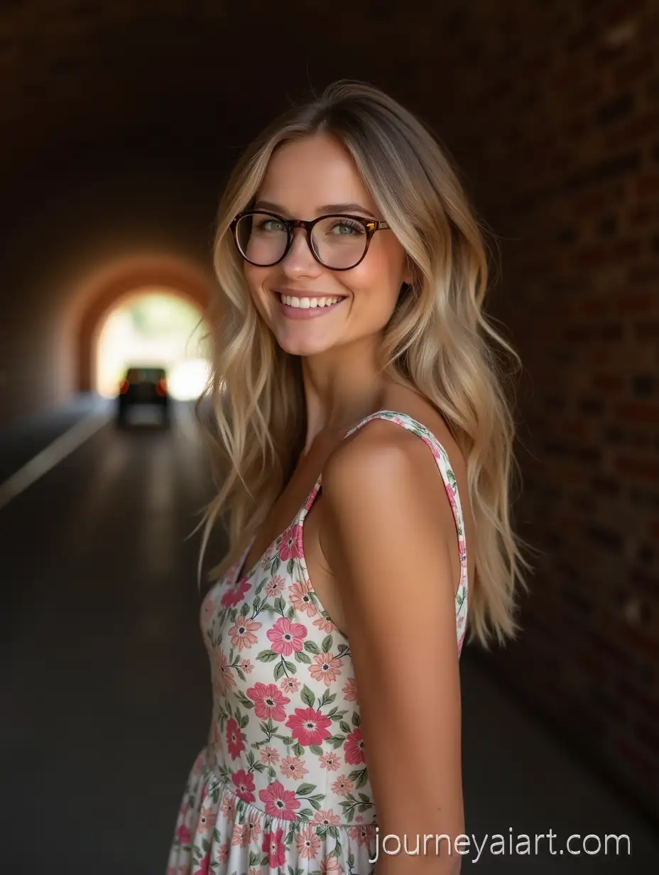Smiling-WomanPretty-woman-in-tunnel-in-Floral-Summer-Dress-in-Brick-Tunnel-with-Atmospheric-Lighting