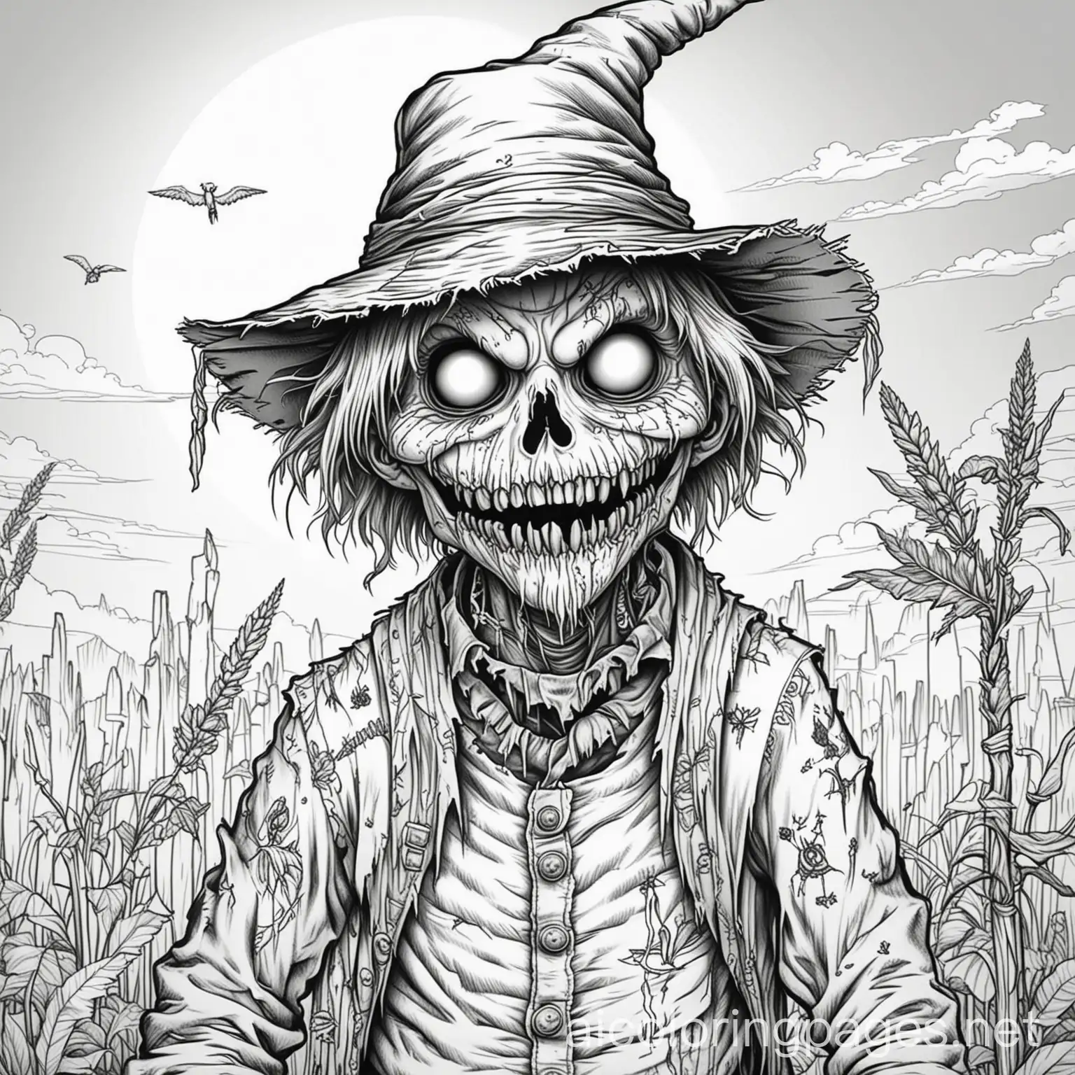 Coloring-Book-Zombie-Scarecrow-Simple-Line-Art-on-White-Background