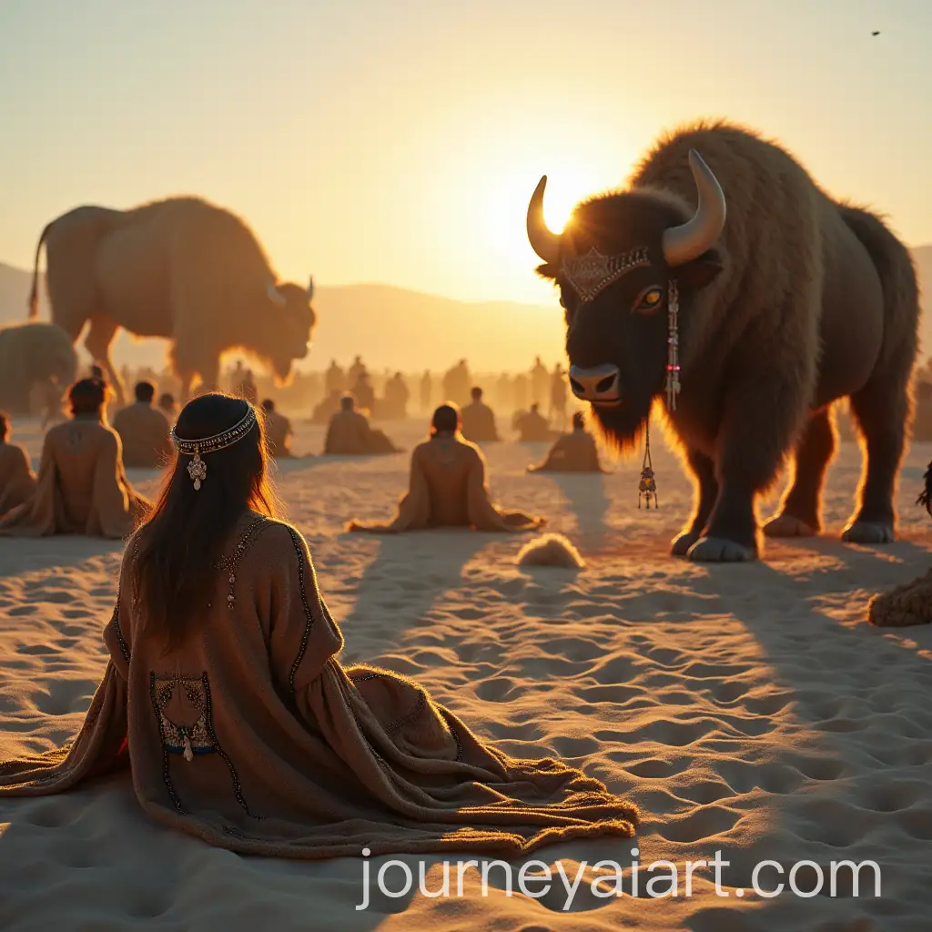 Surreal-Burning-Man-Landscape-with-Furry-Bison-Guardians-and-FestivalGoers