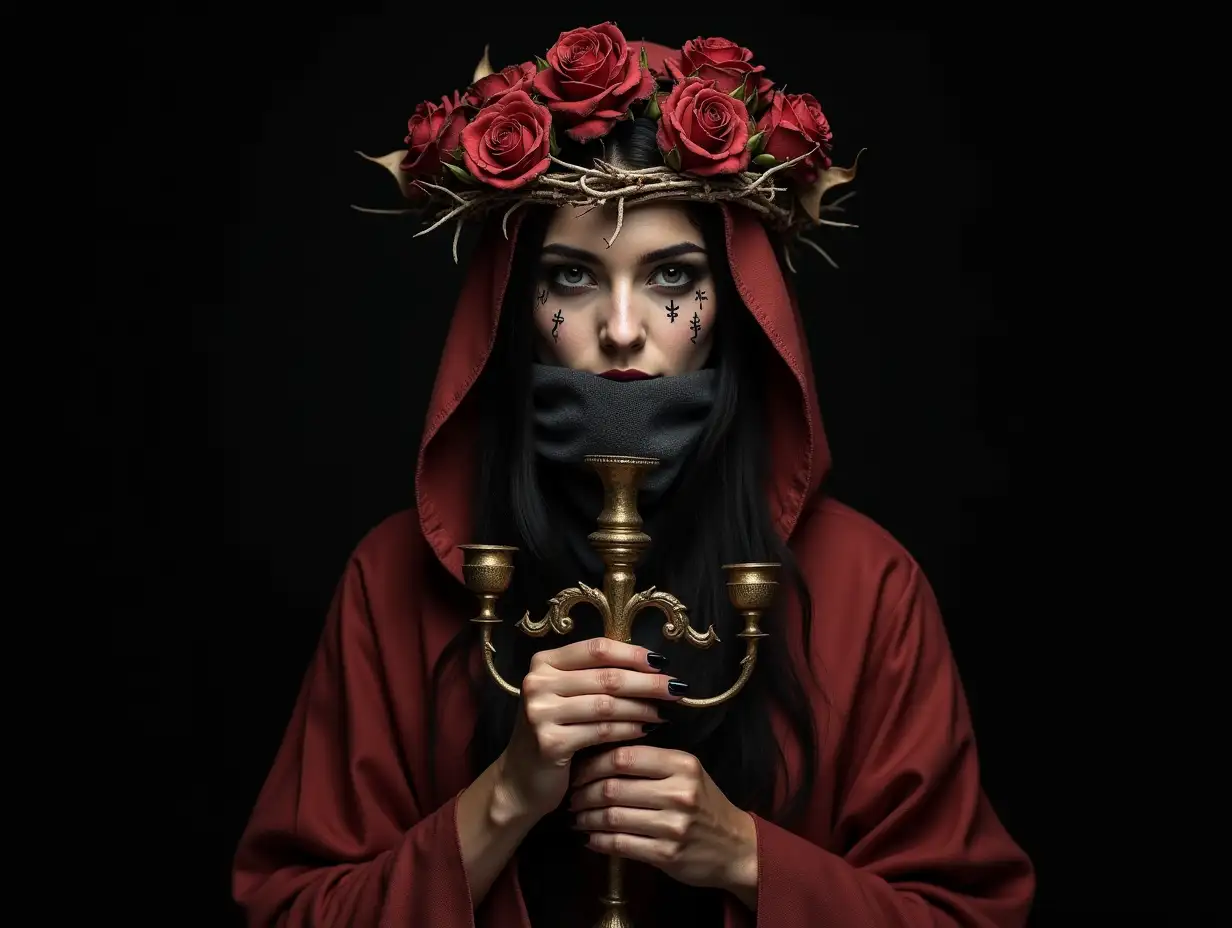 Fine art portrait in low key of extreme realism and high quality in detail definition of a very mysterious and dark underworld priestess with  a crown of thorns and dried red roses of extreme realism on the priestess's head.holding a candelabra with both hands. The candelabra is of an ancient gold color. She wears a tunic with a large hood whose fabric is faded red, torn and very old-looking, the fabric is of extreme realism in its rough and old texture. Very penetrating eyes, very pale skin with strange symbols tattooed on her perfect skin. She has her mouth covered by a very old gray gauze fabric. Black background.