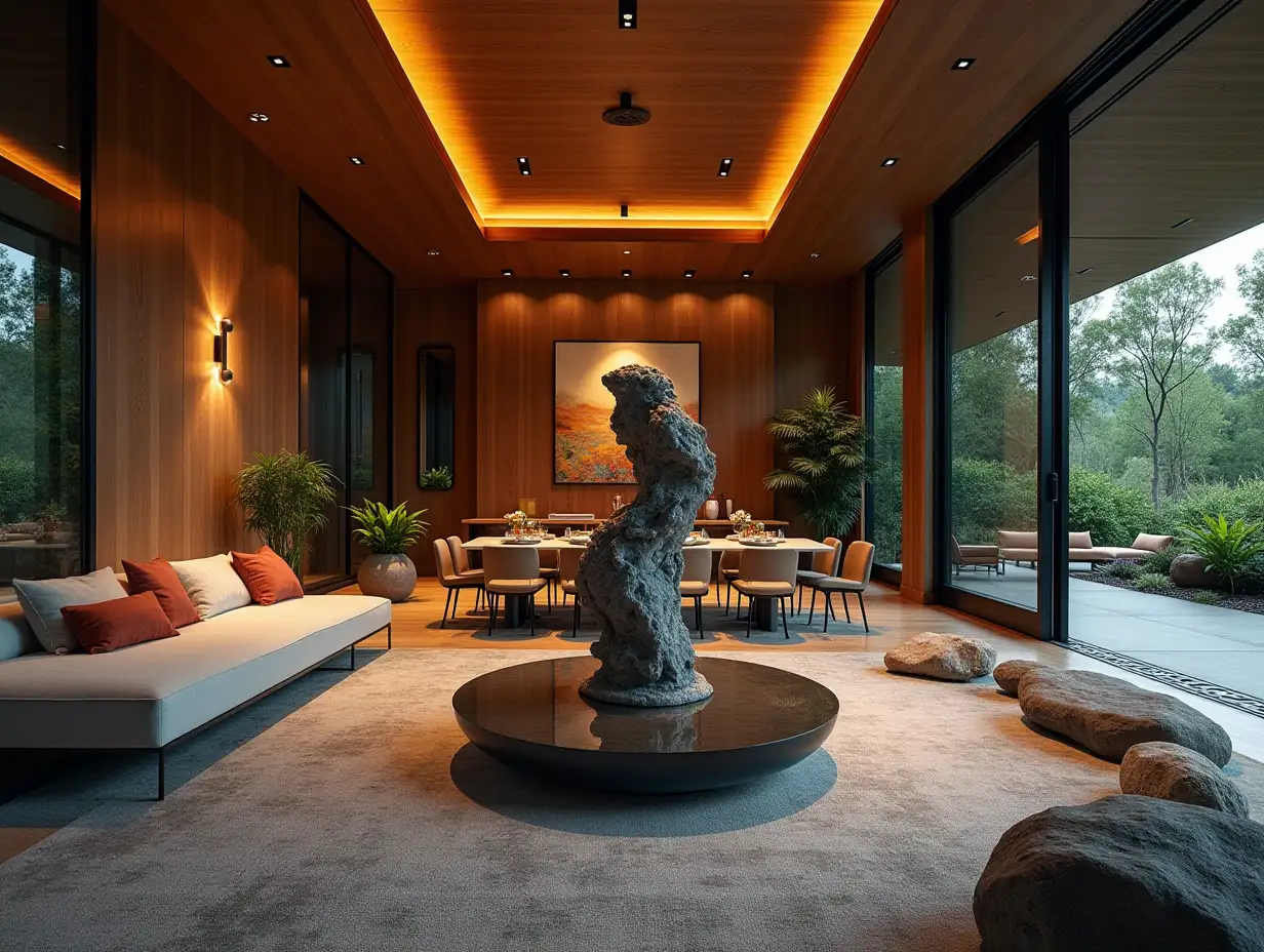 Large modern living room dining room with fountain, Attack on Titan Statue, lighting with furnishings, plants with Zen garden with carefully tended rocks, a meditative 180 degree capture 8K resolution Vivid Colors