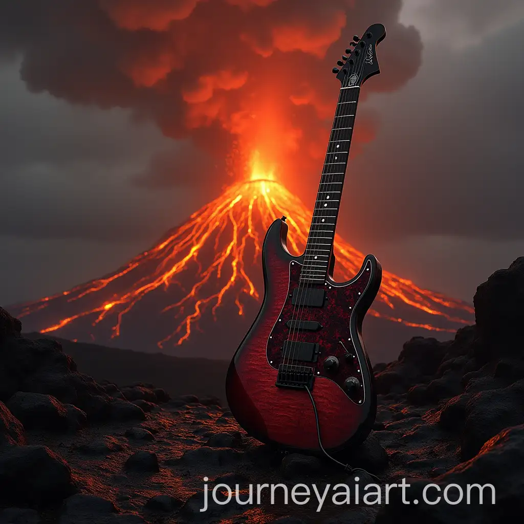 Electric-Metal-Guitar-in-Front-of-an-Erupting-Volcano