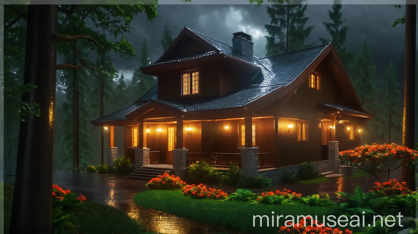 Dark Forest Cabin in Rainy Weather