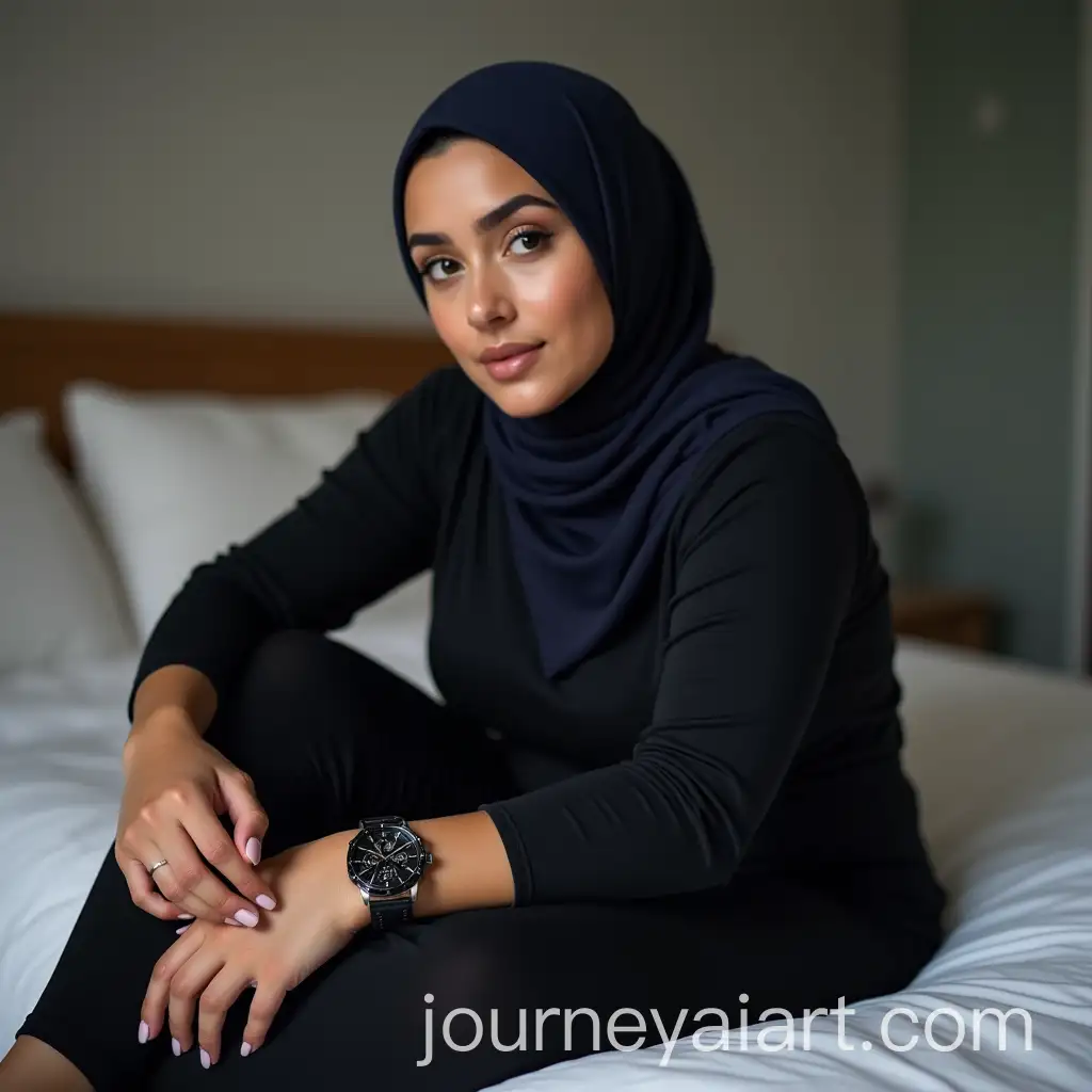 Muslim-Woman-in-Hijab-with-Stylish-Black-Chronograph-Watch-on-Bed