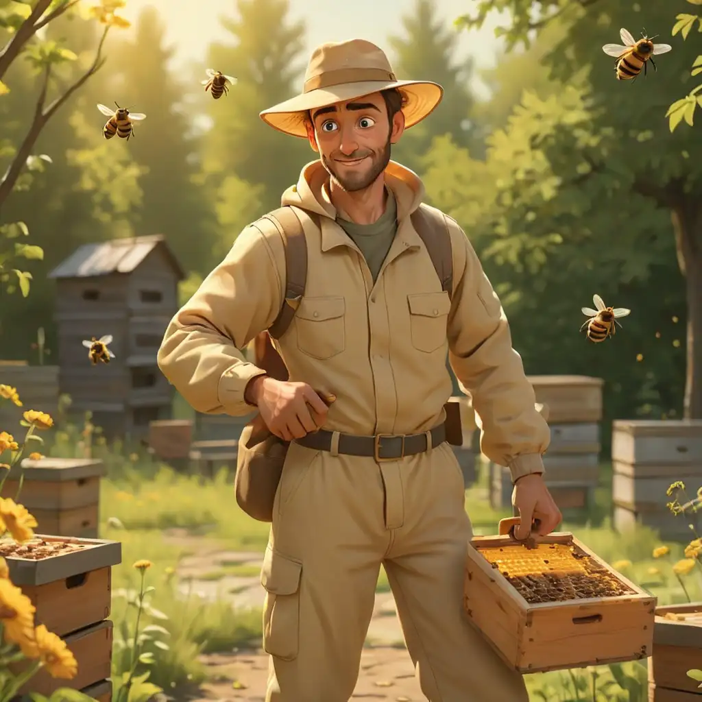 Handsome-Cartoon-Beekeeper-Holding-Bottle-at-the-Apiary