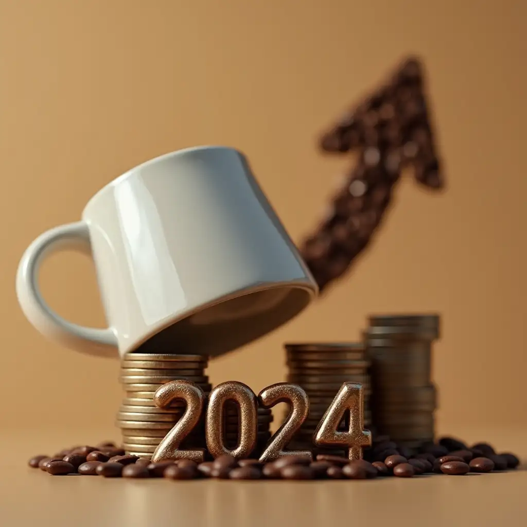 /image A coffee cup on a stack of coins, with the cup slightly tilted as if about to fall. The coins are arranged to form the year 2024. In the background, a subtle upward-pointing arrow made of coffee beans. The overall tone is warm but slightly muted, suggesting concern. Photorealistic style.