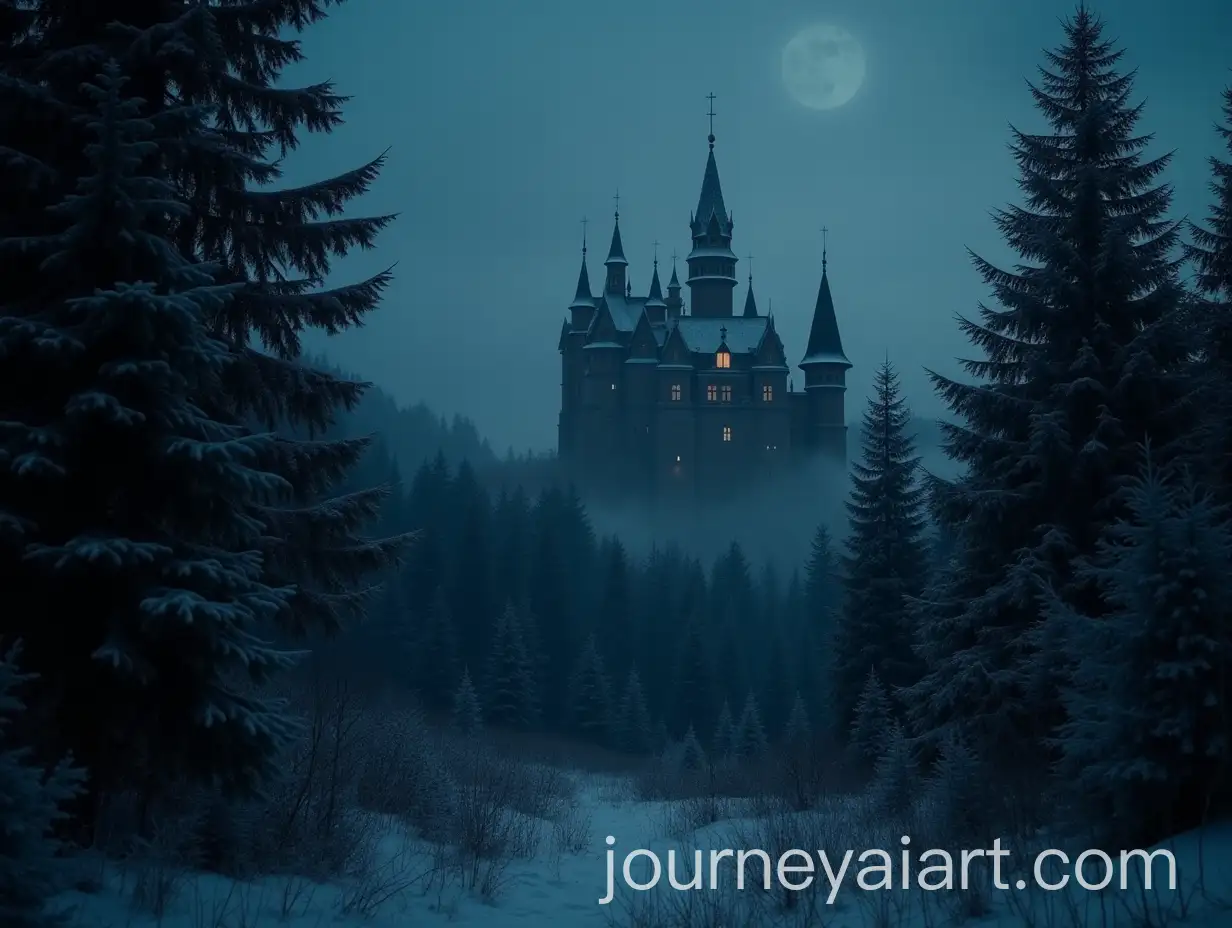 Mystical-Winter-Forest-with-Gothic-Castle-at-Night
