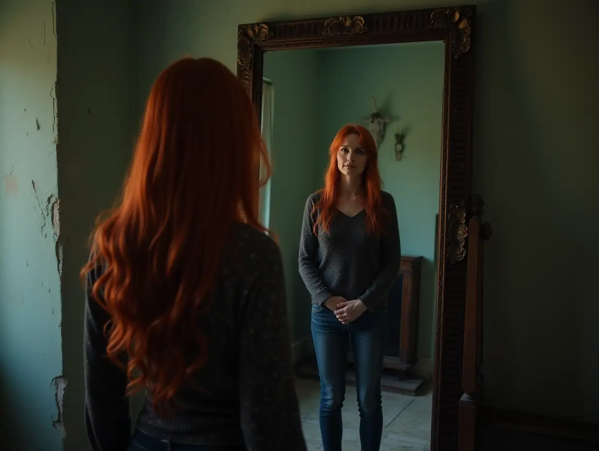 Woman-with-Red-Hair-Seeing-an-Old-Woman-in-an-Abandoned-House-Mirror