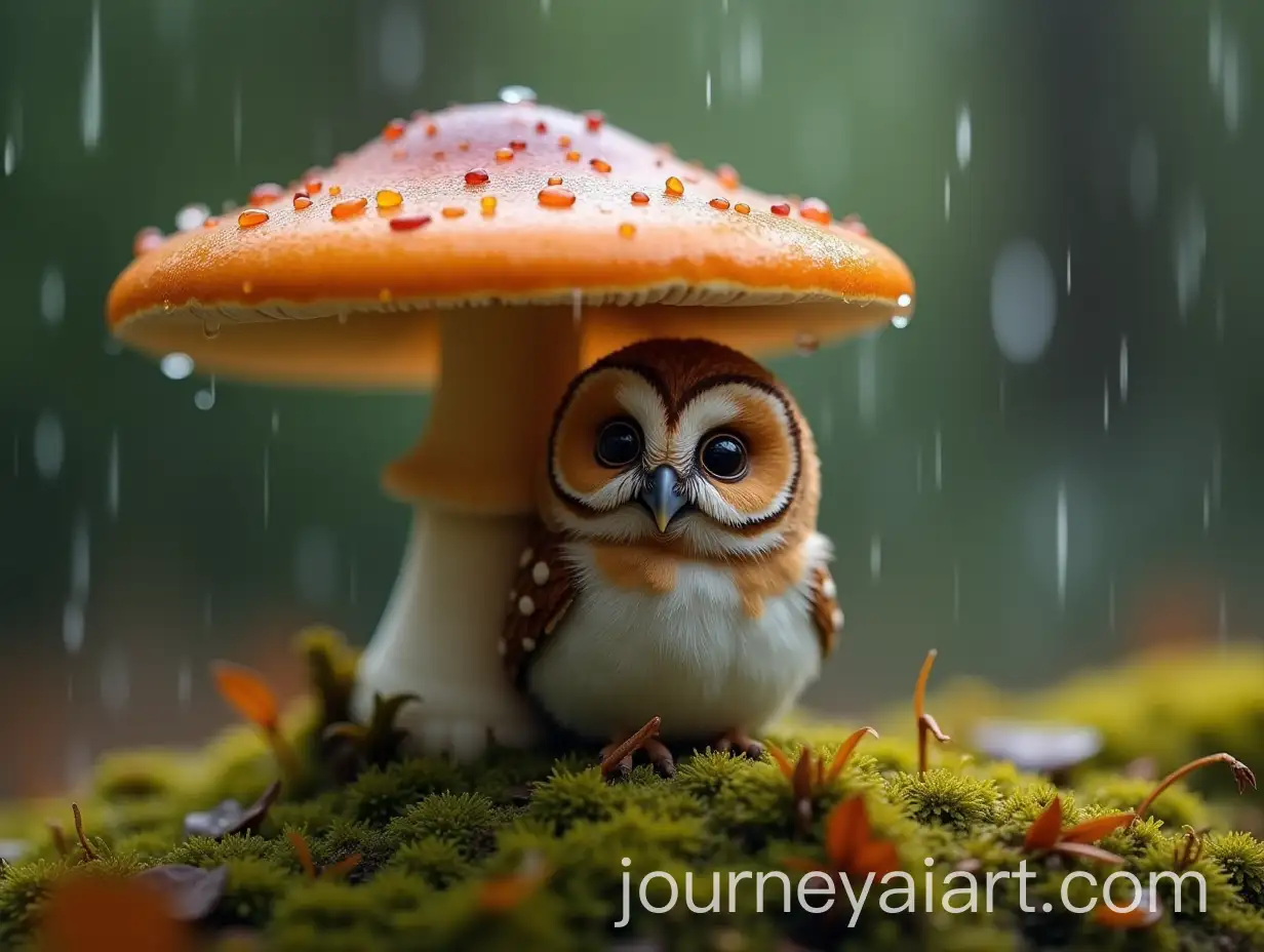 Whimsical-Owl-Sheltered-by-Vibrant-Mushroom-in-Rain-Shower