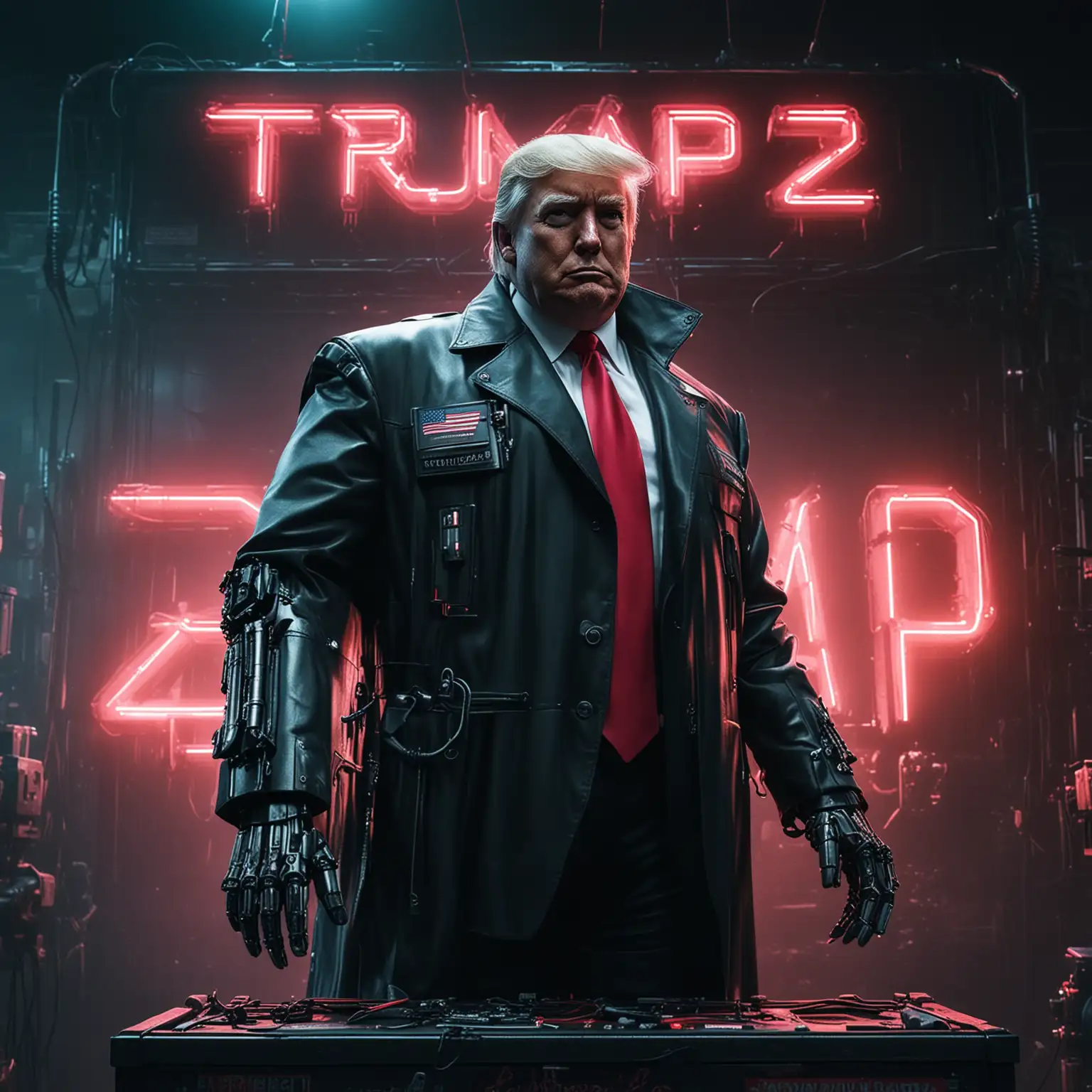 Donald-Trump-in-Cyberpunk-Style-with-Neon-Sign-and-Robots-for-2024-Campaign