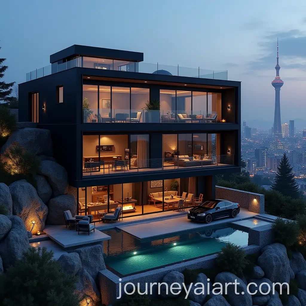 Modern-Black-Glass-Villa-with-Infinity-Pool-Overlooking-Tehran-at-Night