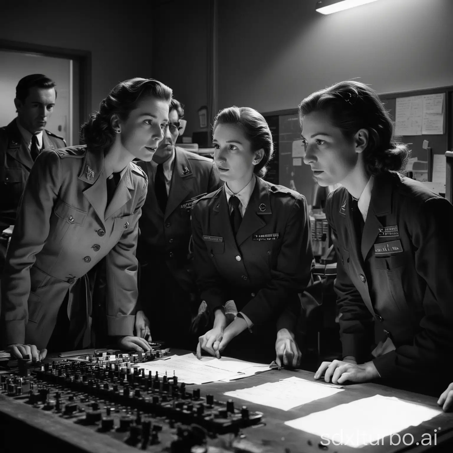 In un laboratorio militare del 1947, the tension is palpable as the computer Mark II suddenly stops. A worried team of engineers gathers around the machine, staring at the display. In the center, Grace Hopper, calm and concentrated, analyzes data on a blackboard. The engineers exchange anxious glances, uncertain about what went wrong, while Grace, composed, reassures her team. The room is dimly lit, with a weak glow from the machine's panels casting shadows on their faces. The humming has ceased and the team begins to inspect, aware of the imminent challenge. Photography, tense atmosphere, chiaroscuro, realism, expressive details, documentary style