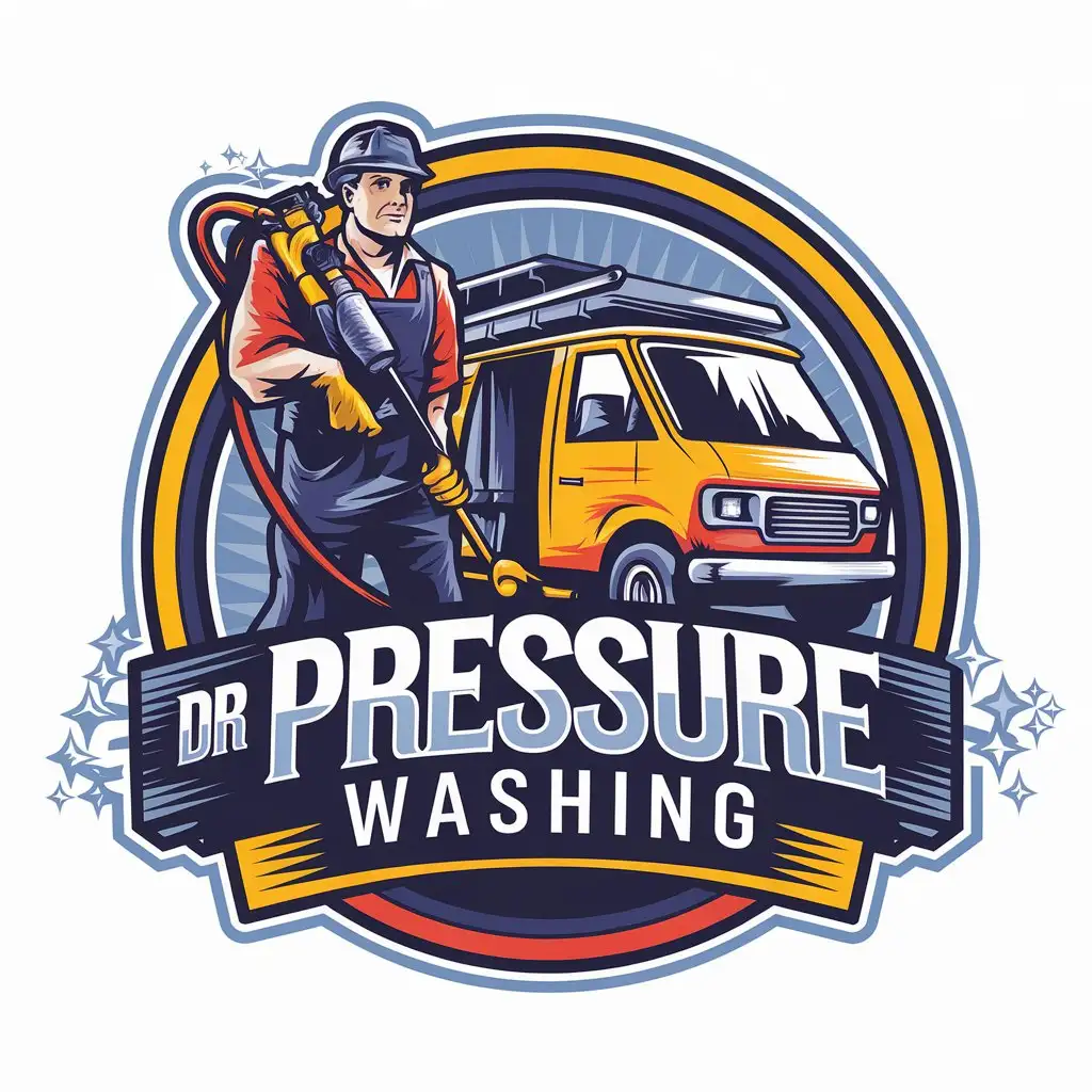 LOGO Design for DR Pressure Washing Colorful Vector with Pressure Washer Man and Van for Construction Industry