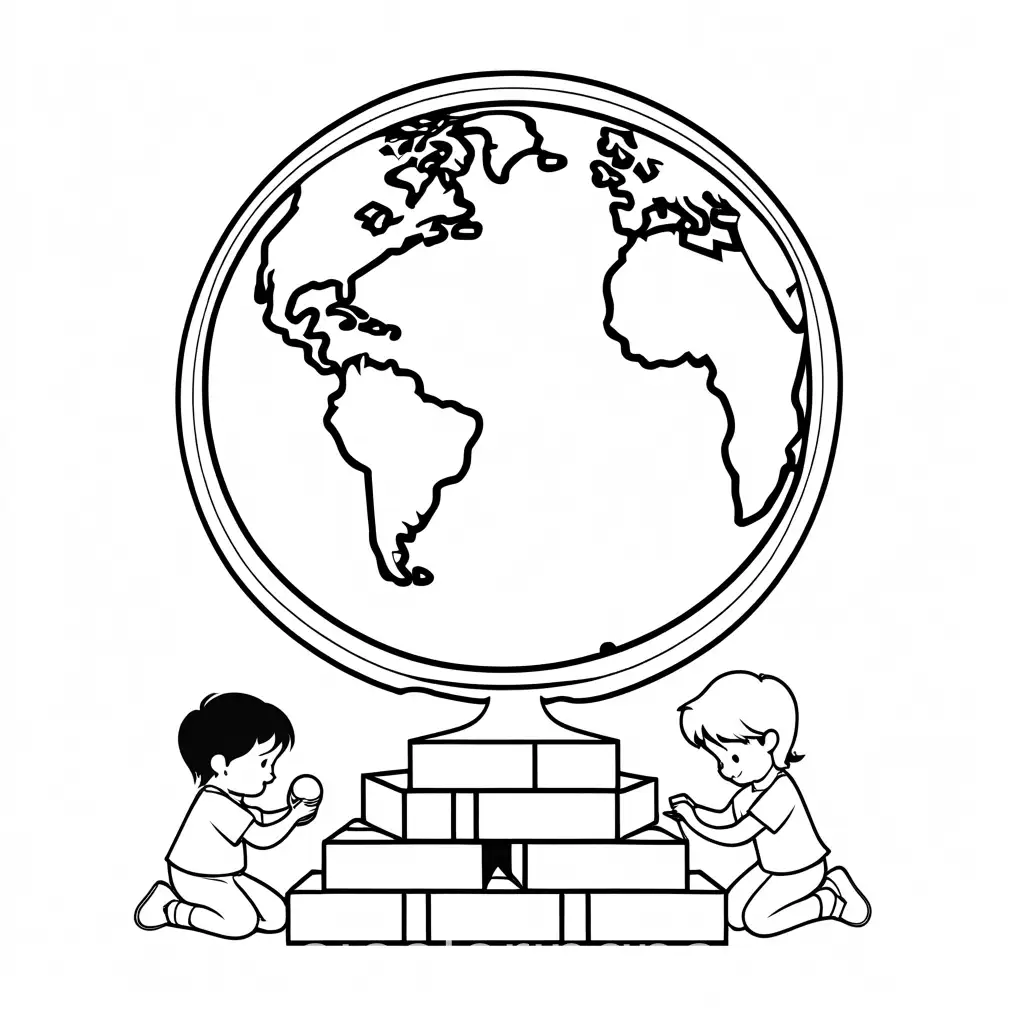 Three-Children-Building-with-Blocks-and-a-Globe-Simple-Coloring-Page-for-Kids