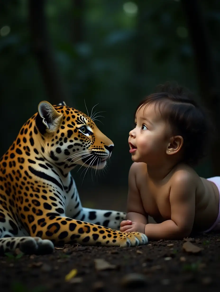 A jaguar is lying next to an 18-month-old baby girl, both looking at each other with kind eyes, in a dimly lit tropical forest.