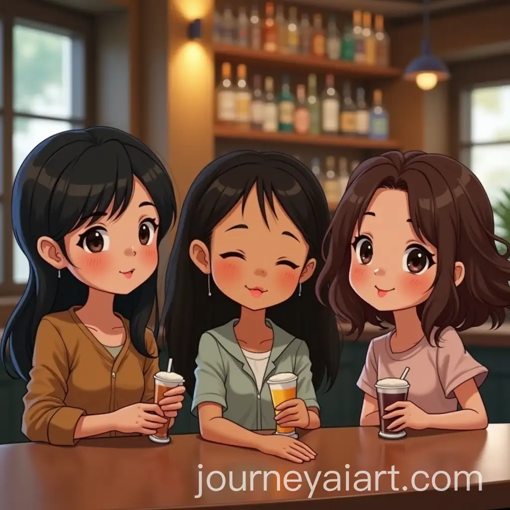 Three-Asian-Friends-with-Cute-Hairstyles-Sitting-at-a-Bar-Table-Smiling-and-Enjoying-Time-Together