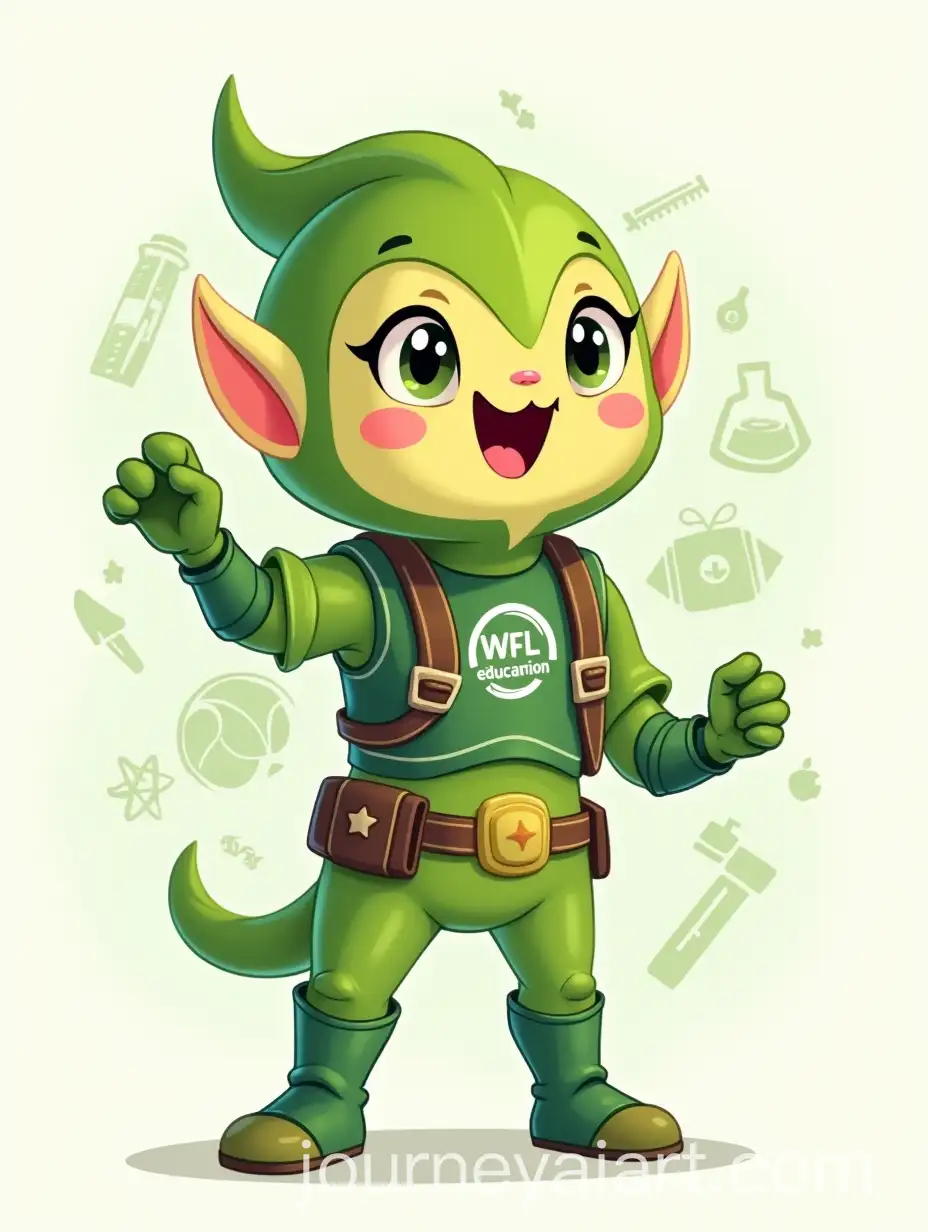 Cartoon-Leaf-Elf-Mascot-in-Advanced-Uniform-with-WFL-Education-Badge-and-Learning-Symbols