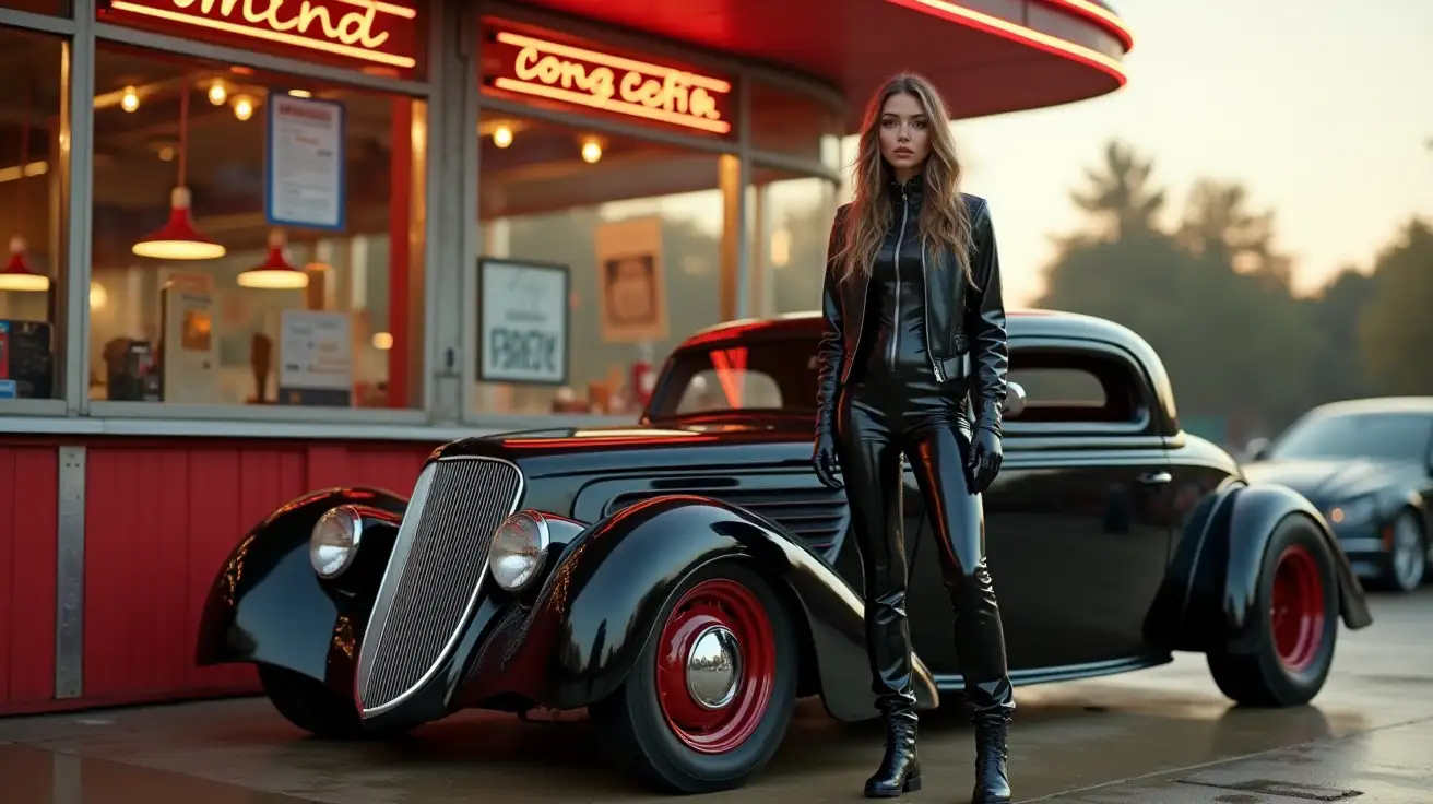 realistic photo , woman standing next to rat rod , wearing black shinny pvc jumpsuit , shiny pvc jacket , wearing black shinny pvc thigh high boots , shinny pvc long gloves , outside vintage diner