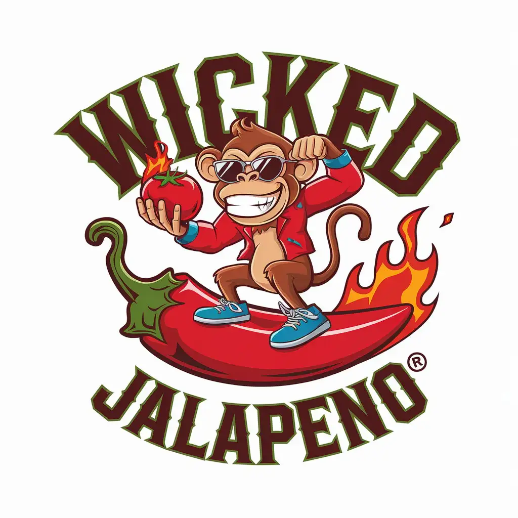 LOGO Design for Wicked Jalapeno Cartoonish Monkey Surfing on a Red Jalapeno with Bold Energetic Vibes