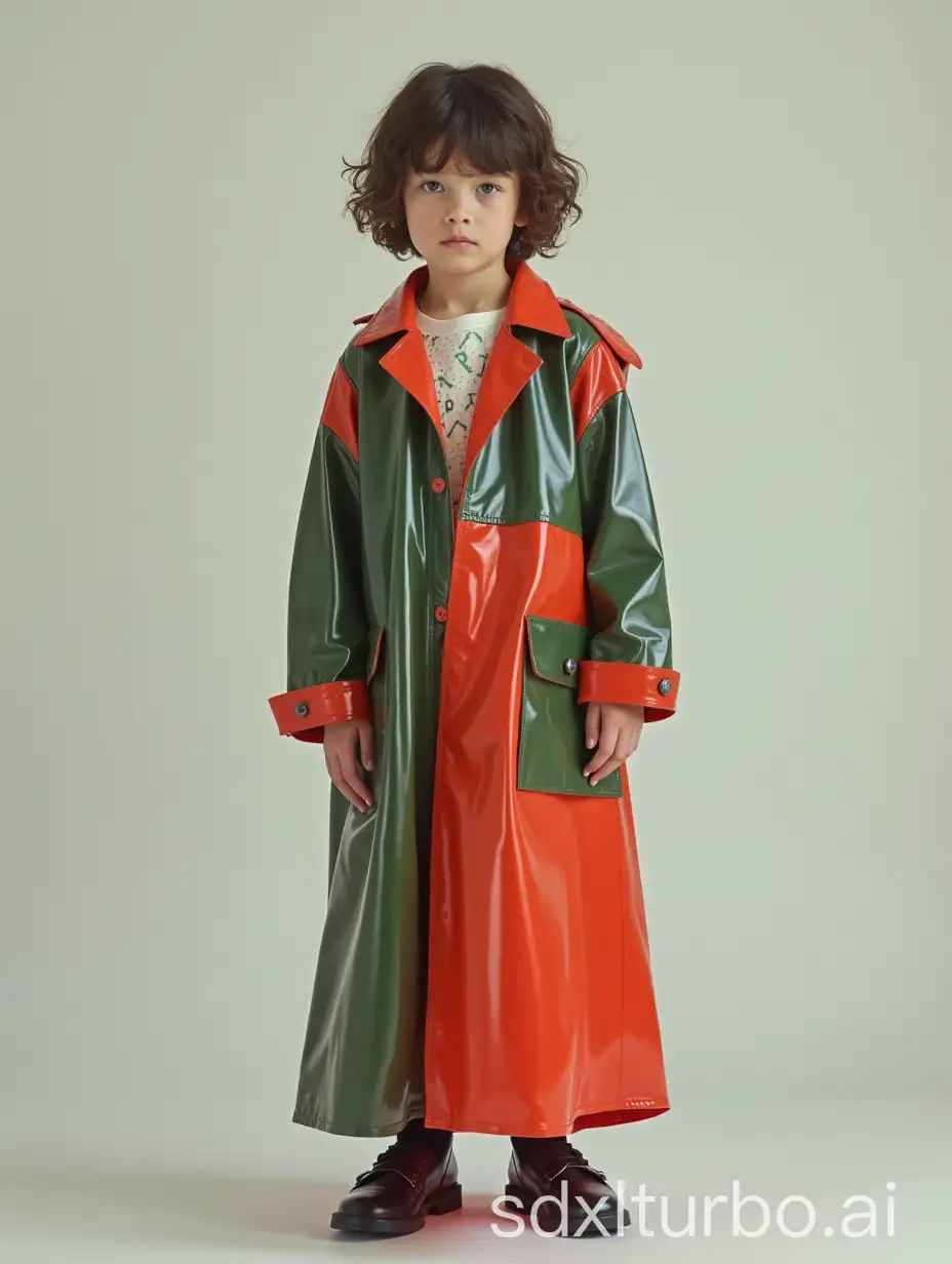 a boy in pvc reversible 90s raincoat and a long skirt