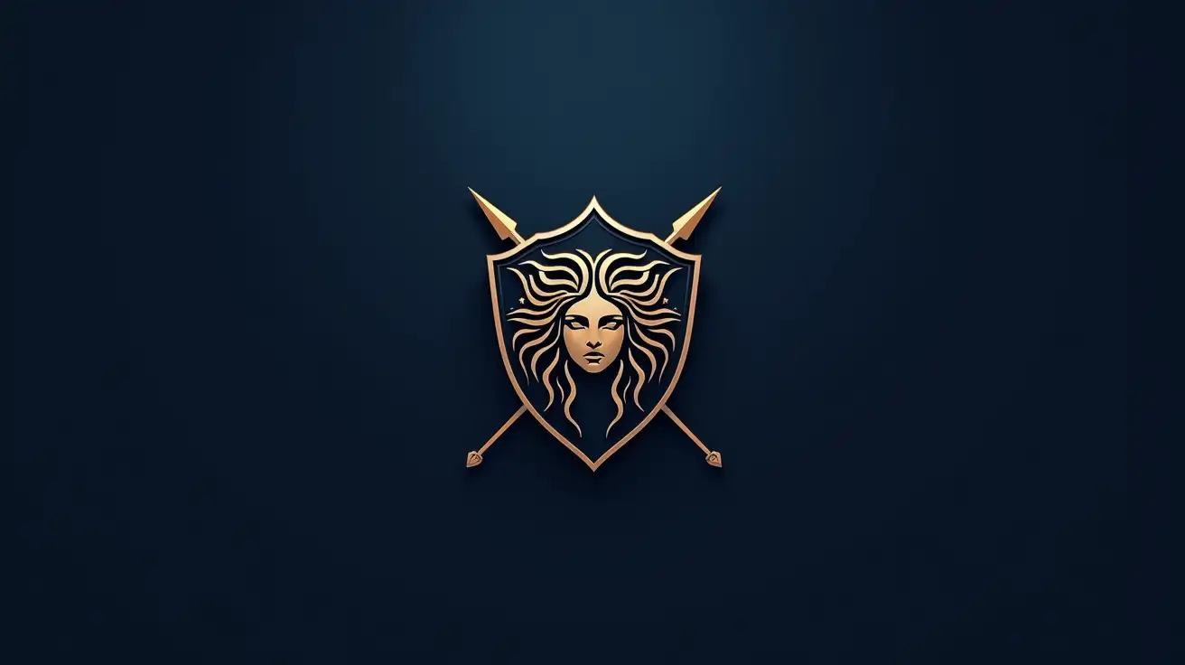 A sleek, modern, and minimalist emblem for 'Aegis', a blockchain security organization embodying Truth, Justice, and Honour. The central element is a symmetrical shield with a hexagonal outline, symbolizing both strength and the blockchain ecosystem. Inside the shield, a stylized Gorgoneion (Medusa’s head) in an abstract, minimalist form represents protection against threats, inspired by ancient Greek art. Flanking the shield, a balanced set of scales symbolizes justice and fairness in the crypto space. Behind the shield, two crossed spears pointing upwards represent vigilance and readiness, with sleek, modern finishes. The color scheme is deep blue and gold, evoking wisdom, trust, and authority. The design should be bold, symmetrical, and timeless, blending Greek mythology with futuristic blockchain security aesthetics. No text in the emblem, ensuring a strong, iconic symbol for the Aegis brand