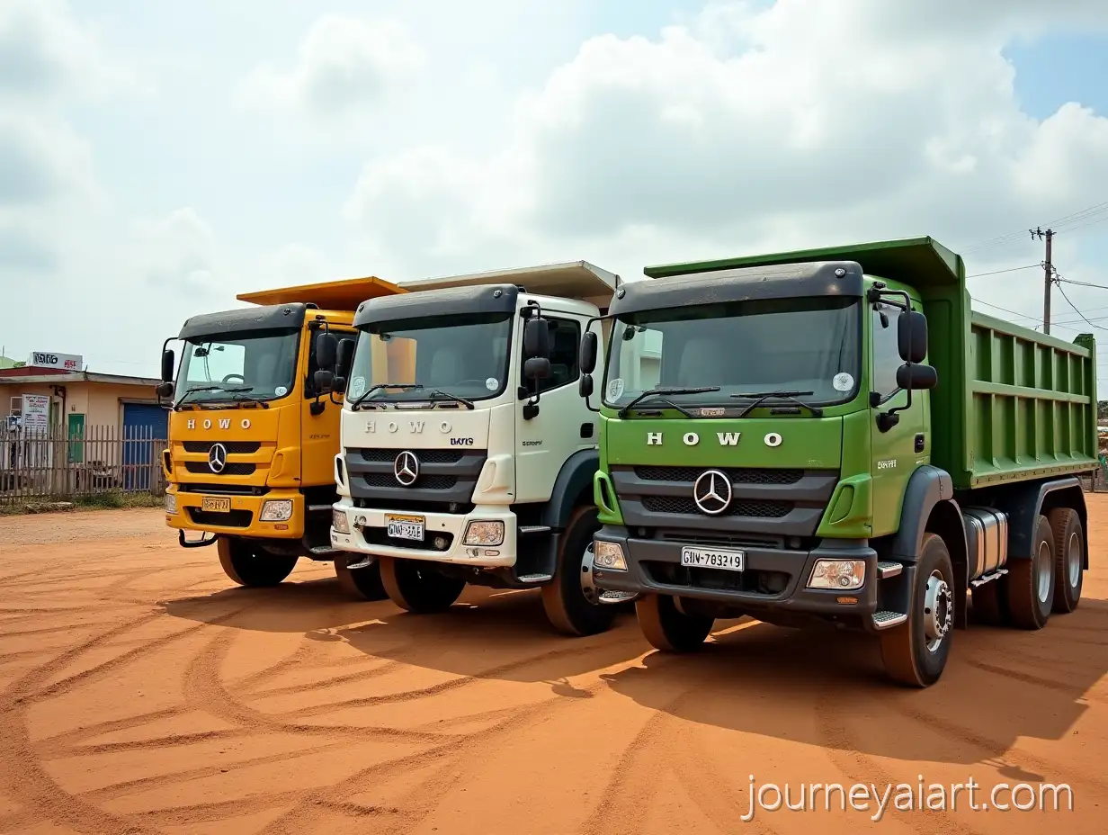 Three-HOWO-TipperAI-Art-Prompt-Expansion-Trucks-Parked-in-Dusty-Ghanaian-Yard-with-Industrial-Setting