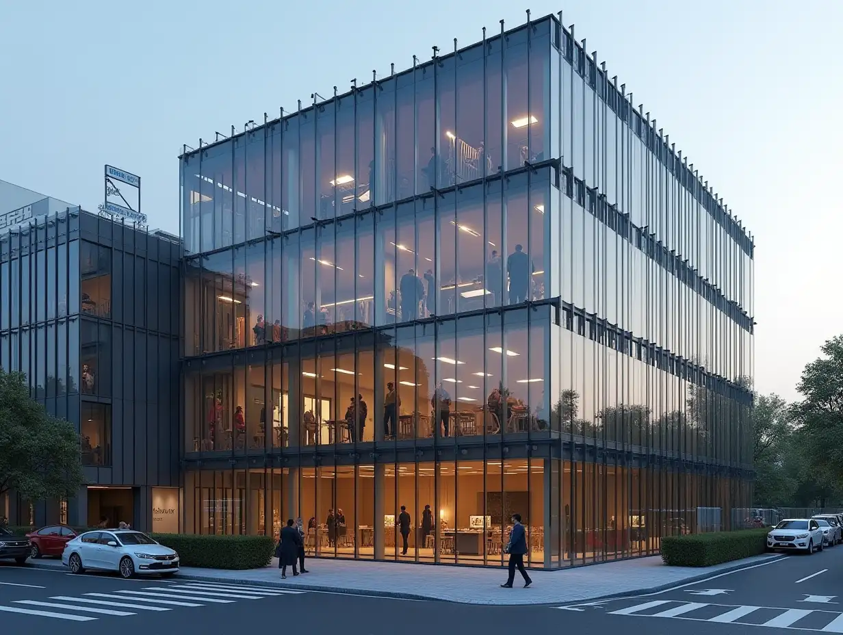 Ultra-Realistic-Photo-of-Modern-3Story-Office-Building-with-Metal-Punch-Layer-Curtain-Wall-and-Industrial-Machinery-Factory-Setting