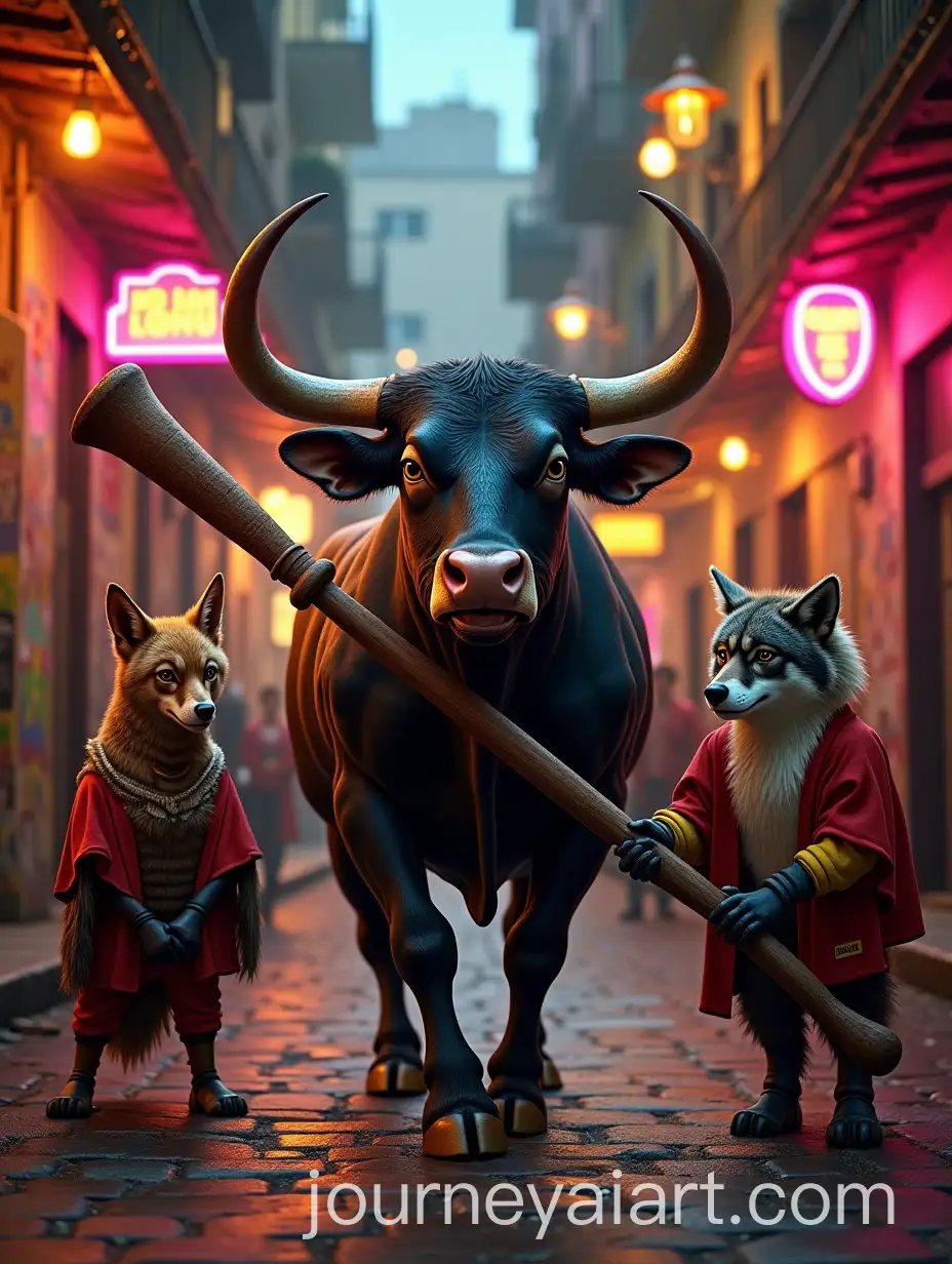 Aggressive-Bull-with-Spiked-Bat-Surrounded-by-Eagles-Foxes-and-Wolves-in-Spanish-Street-Style