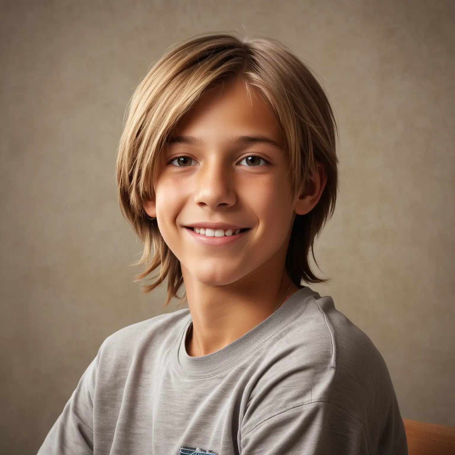 Happy Thirteen Year Old Boy with ShoulderLength Blond Hair in School Photo