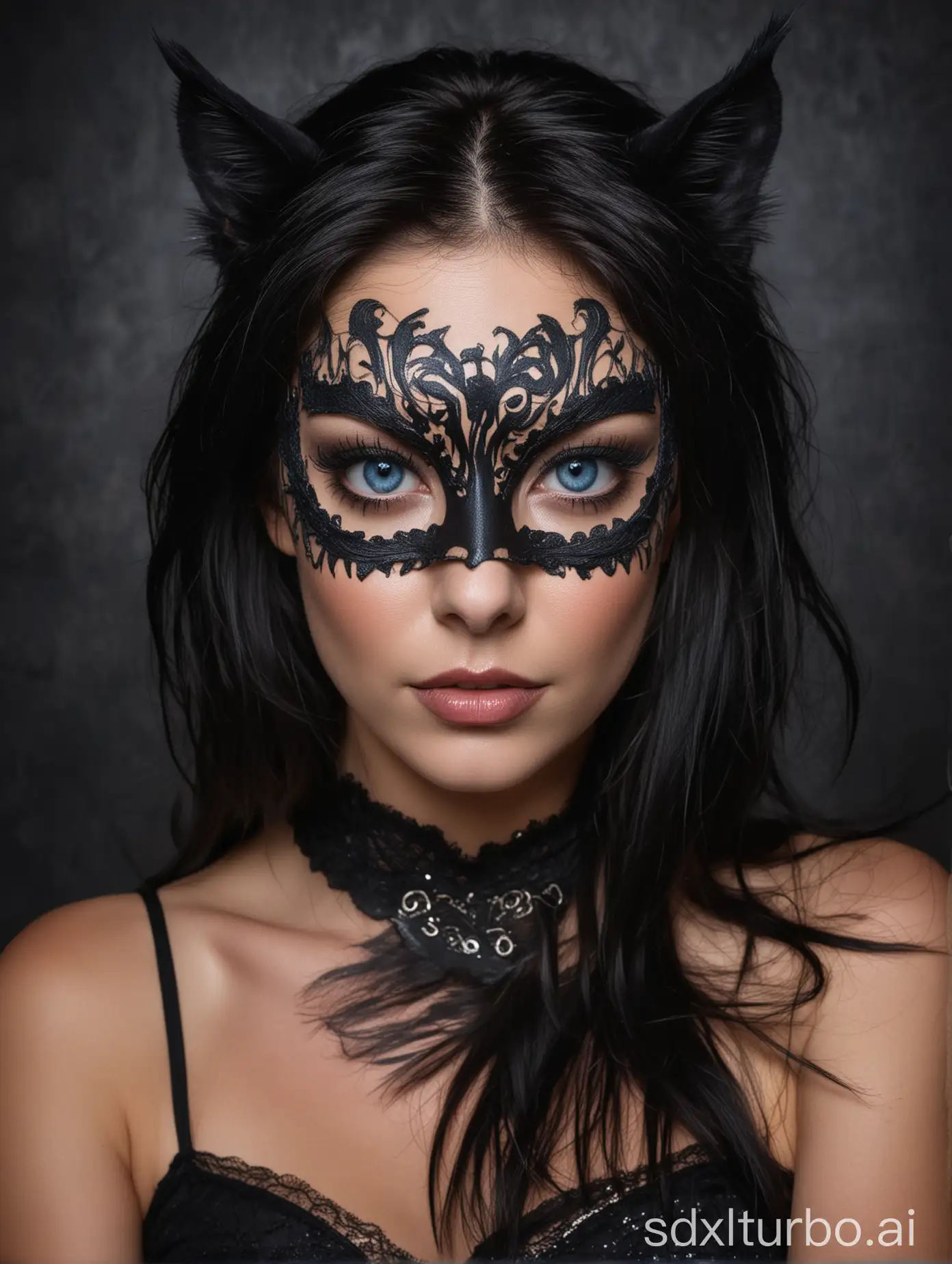 Portrait of a dark haired woman in a cat mask. She has striking blue eyes, accentuated by long eyelashes and cat eye makeup. The woman is looking straight at the camera. The background behind her is dark.