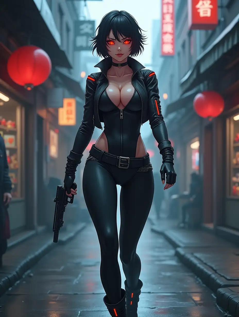 Short hair, mature Asian woman thief cyber runner in a dynamic full-length pose, eyes with red electronic pupils, large breast, extreme skintight body glove zipped down with cleavage, combat boots and combat belt. Full view of her body from boots up, low wide angle. Future store filled city alley street. Anime