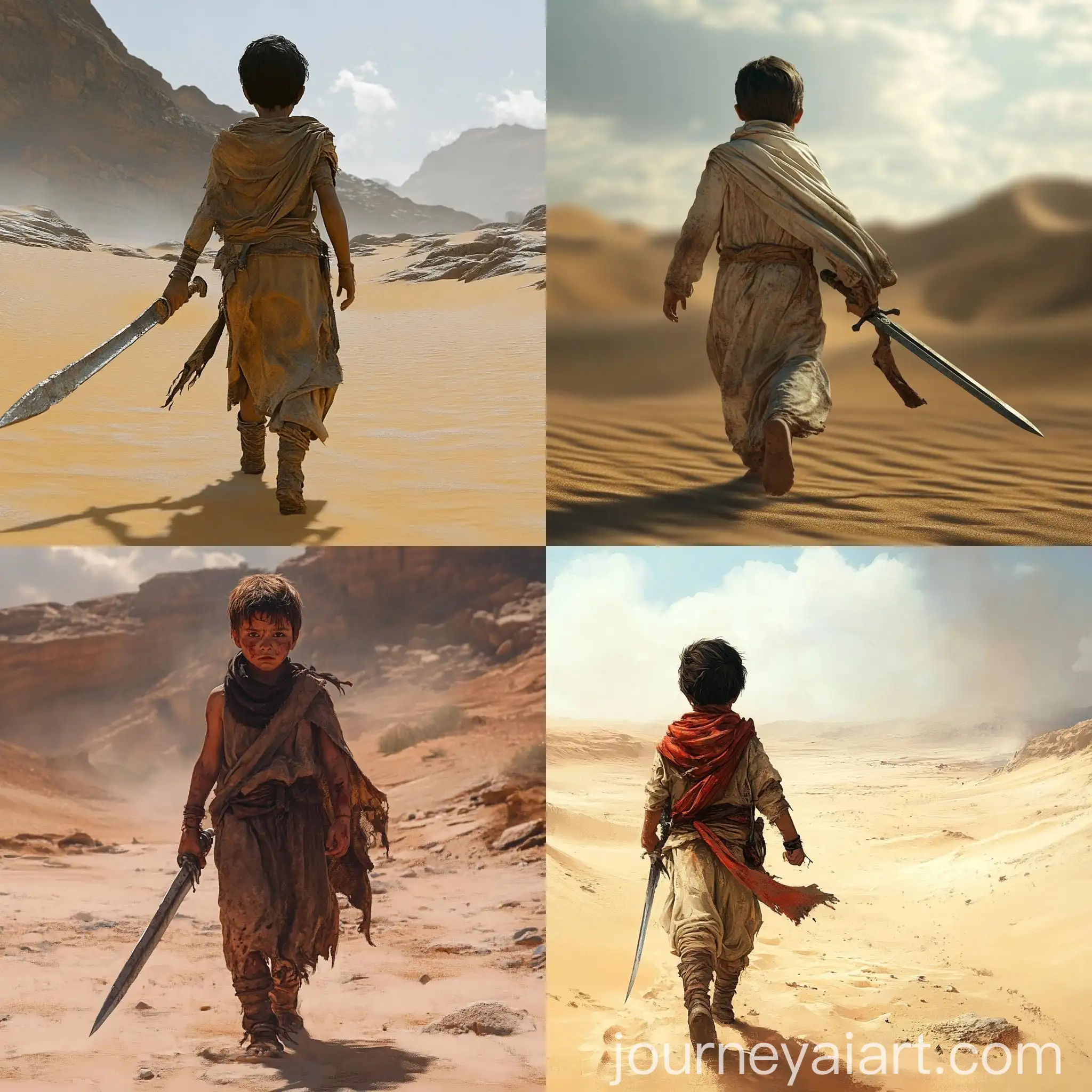 Child-Walking-in-Desert-with-Worn-Out-Clothes-and-Sword