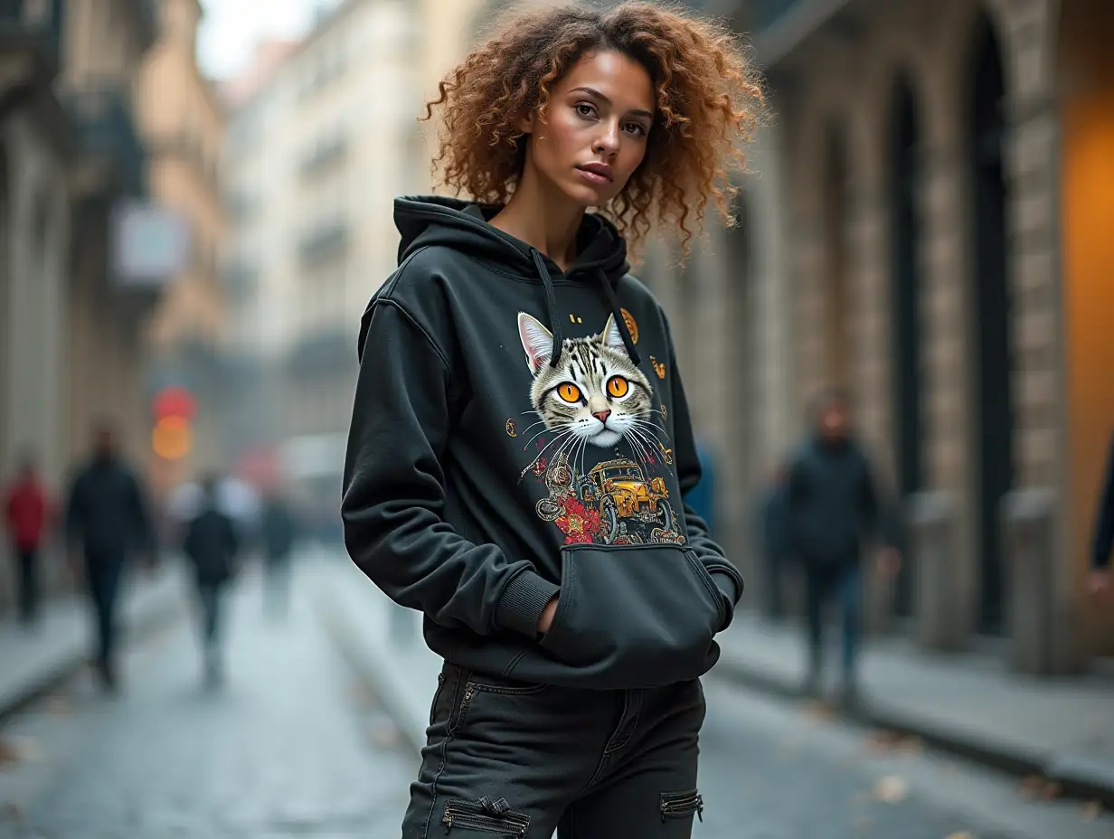 A woman wears sweatshirt and needs long pants is a for a showcases print on demand products t shirt products designe and costumizable with design on it a cat steampunk mix robotic more cyberpunk