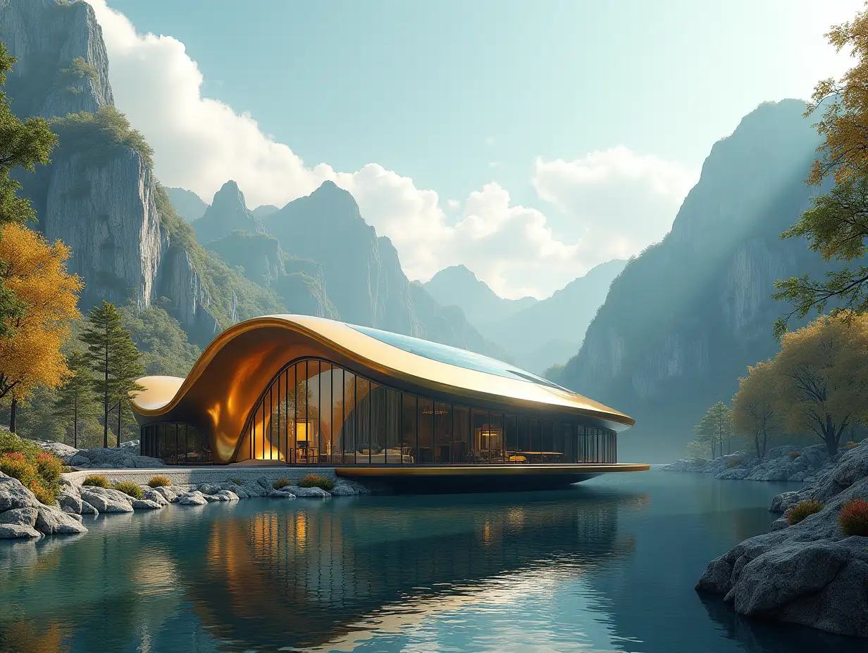 Create a high-resolution realistic image in 4k resolution a futuristic gold with black building with curved pillars, mountains large trees, rocks flowers a futuristic glass boat with glass window cloudy sky