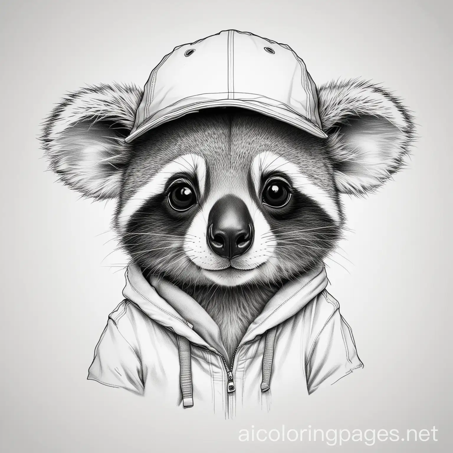 raccoon with a koala hat, lines, plane white background, Coloring Page, black and white, line art, white background, Simplicity, Ample White Space. The background of the coloring page is plain white to make it easy for young children to color within the lines. The outlines of all the subjects are easy to distinguish, making it simple for kids to color without too much difficulty