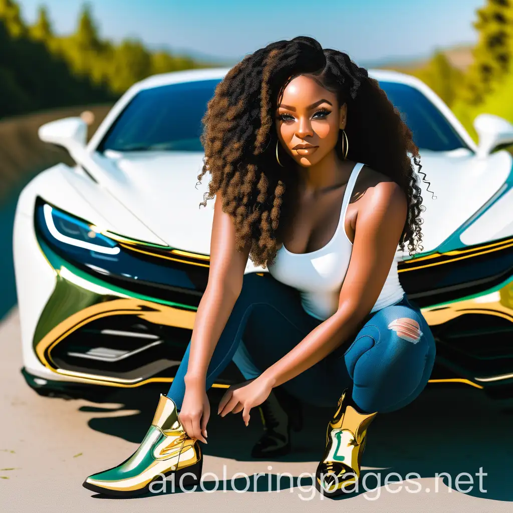 Beautiful-Black-Woman-with-Green-Eyes-and-Gold-Curly-Hair-Squatting-in-Front-of-a-White-DropTop-Car