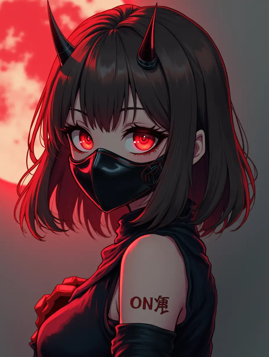 an evil looking anime style cyberpunk girl brown hair and wearing a oni mask looking over shoulder, very detailed half body art