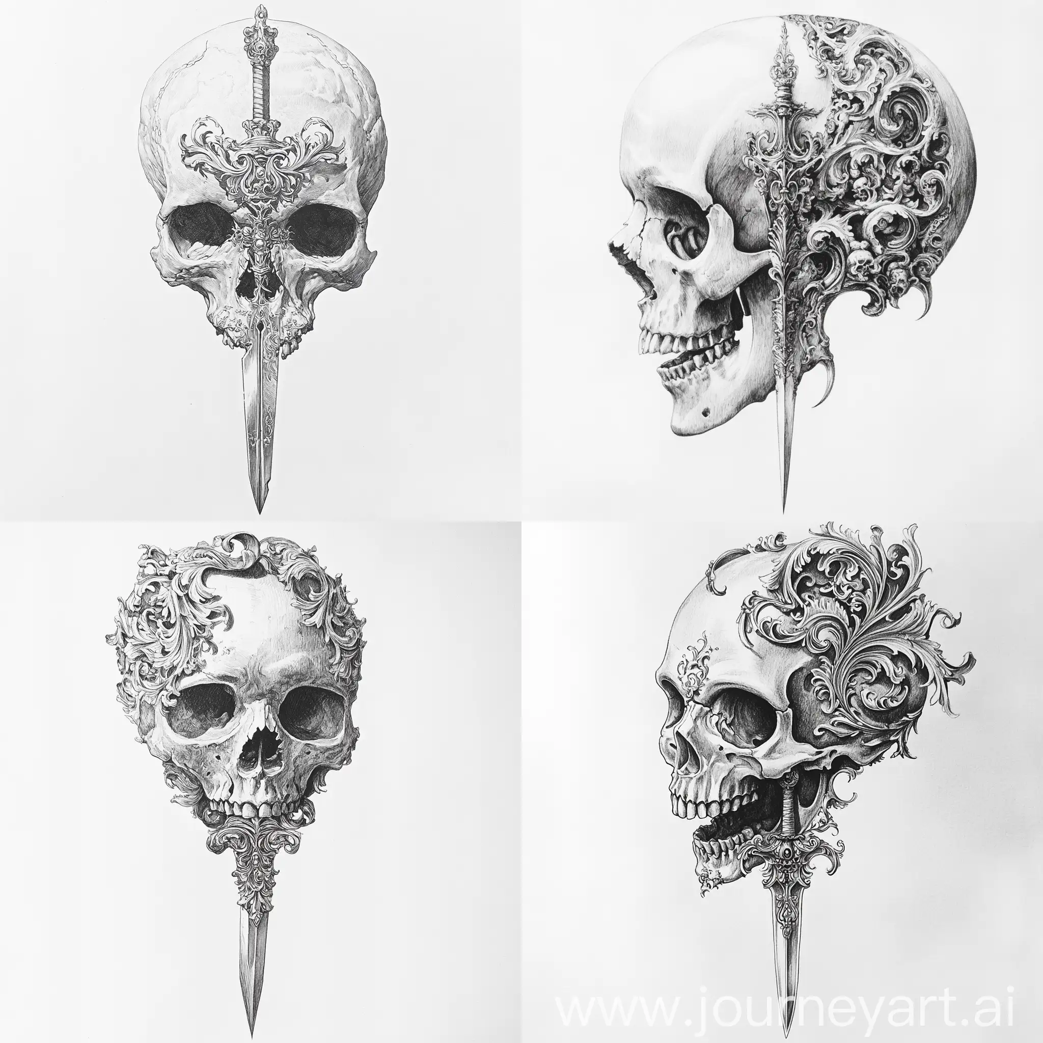 Intricate-Pencil-Drawing-of-a-Skull-Pierced-by-a-Dagger