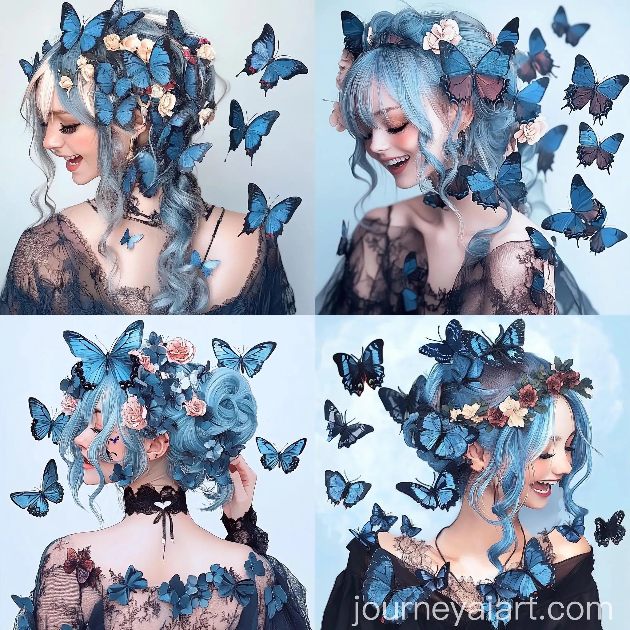 Blue-Butterflies-Adorn-Hair-in-Serene-Natural-Setting