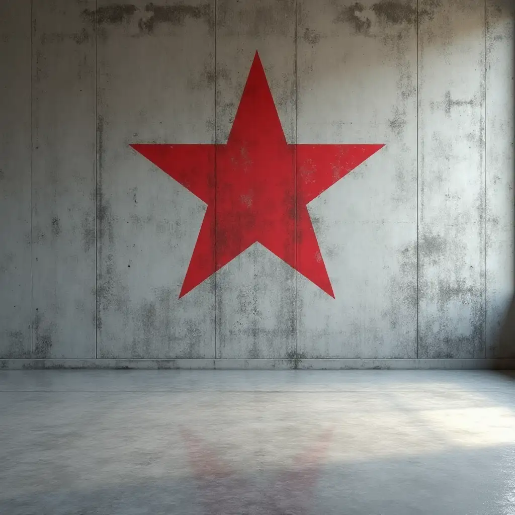 A photorealistic image of a large, flat, empty concrete floor taking up most of the bottom of the image, with a concrete wall with Red Army star in the background