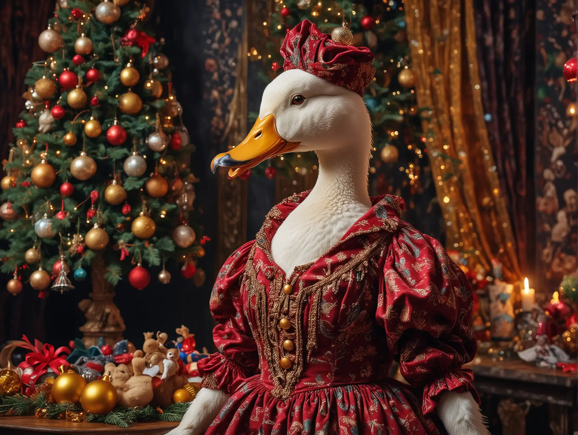 Duck-in-Velvet-Dress-Celebrating-New-Years-in-Festive-Restaurant