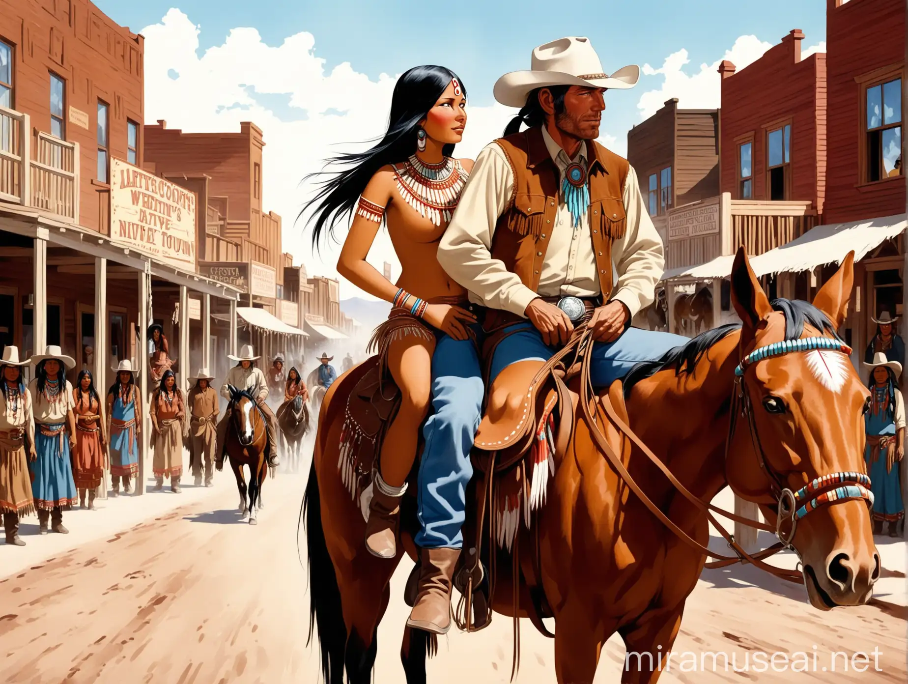 Cowboy Riding Horse with Native Indian Woman in Western Town