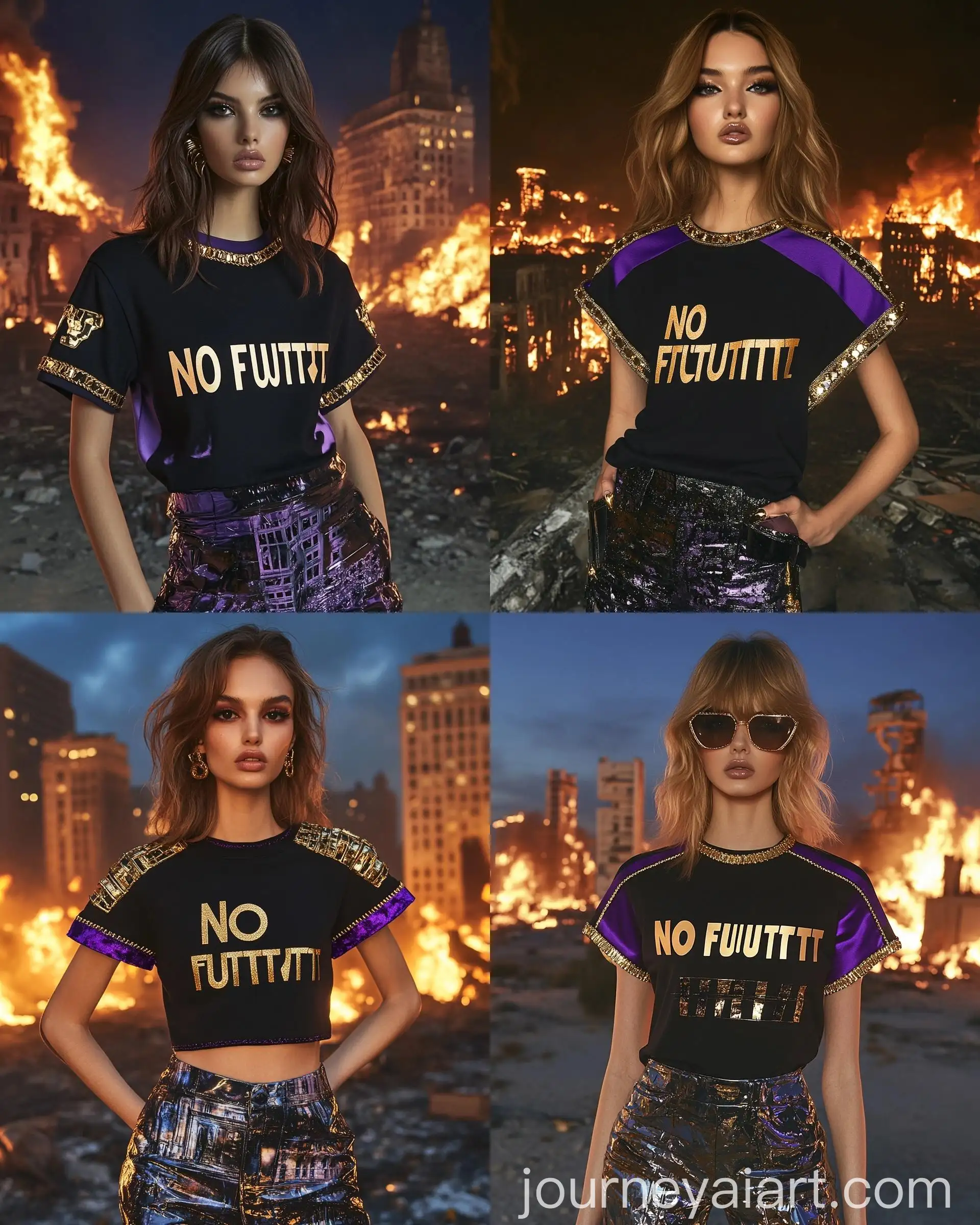 Glam-Model-in-No-Future-TShirt-Amid-Apocalyptic-Night-Fire