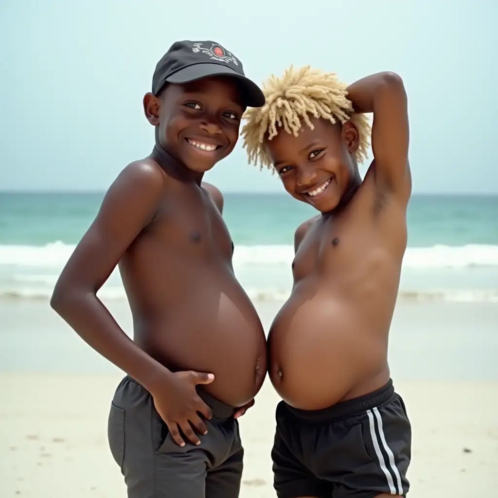 Two-Teen-Boys-with-Curly-Blonde-Hair-Enjoying-a-Day-at-the-Beach-with-Large-Bellies-and-Smiles