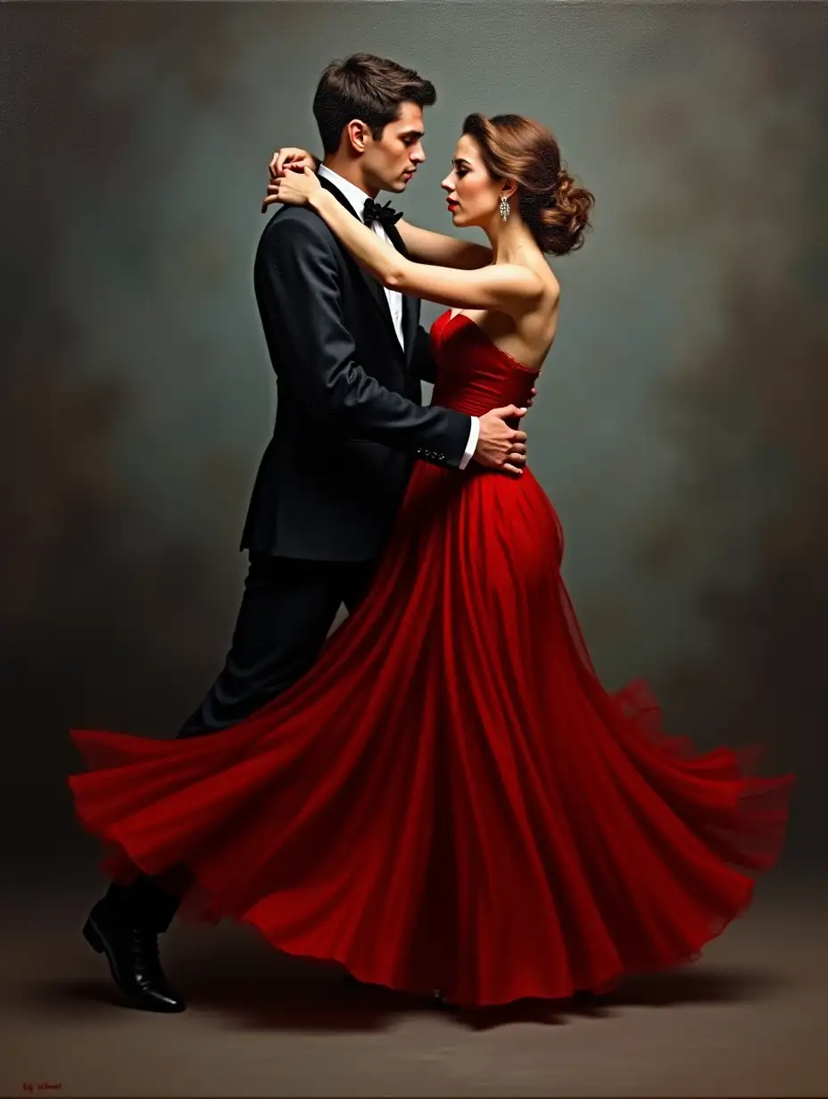 An oil painting man and woman are dancing the tango, both dressed in formal attire with the woman wearing a red dress. The background is a dark gray, creating an atmosphere of mystery and elegance, --s 500 --v 6.0 --style raw --ar 51:91