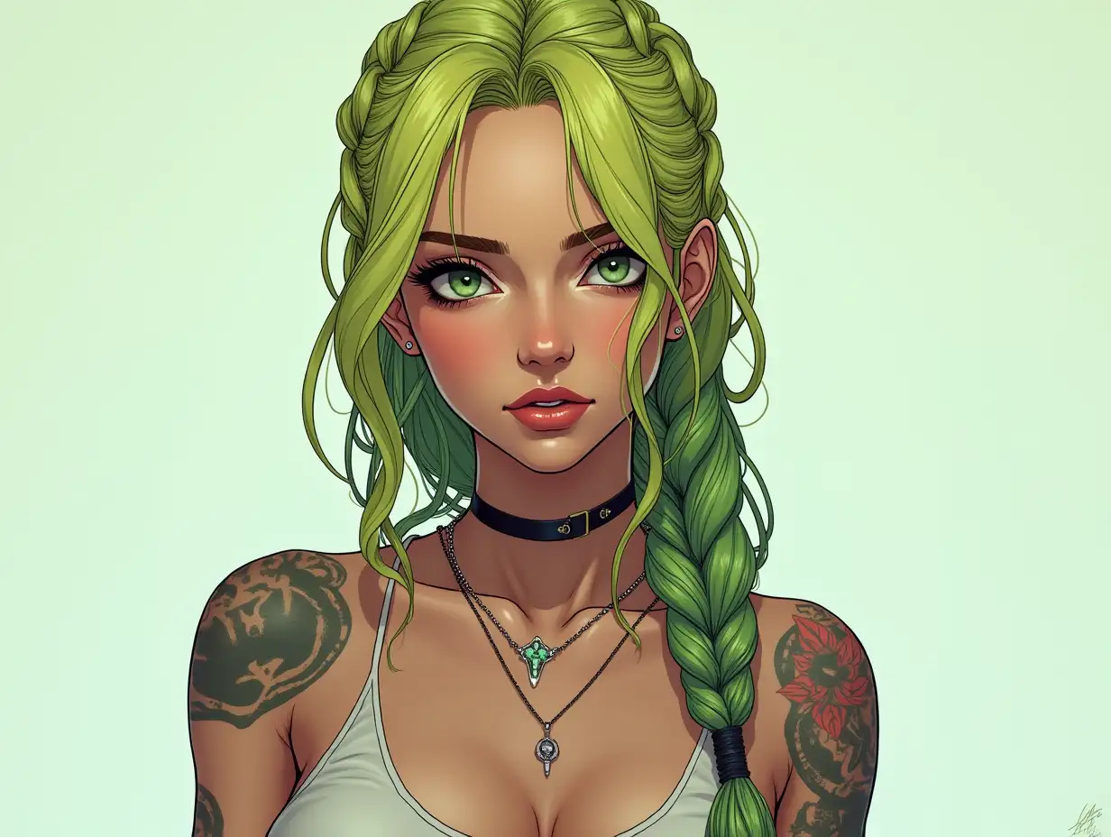 Depiction of a full body beautiful white woman with tattoo, long mixed green-yellow braided hair in a futuristic style