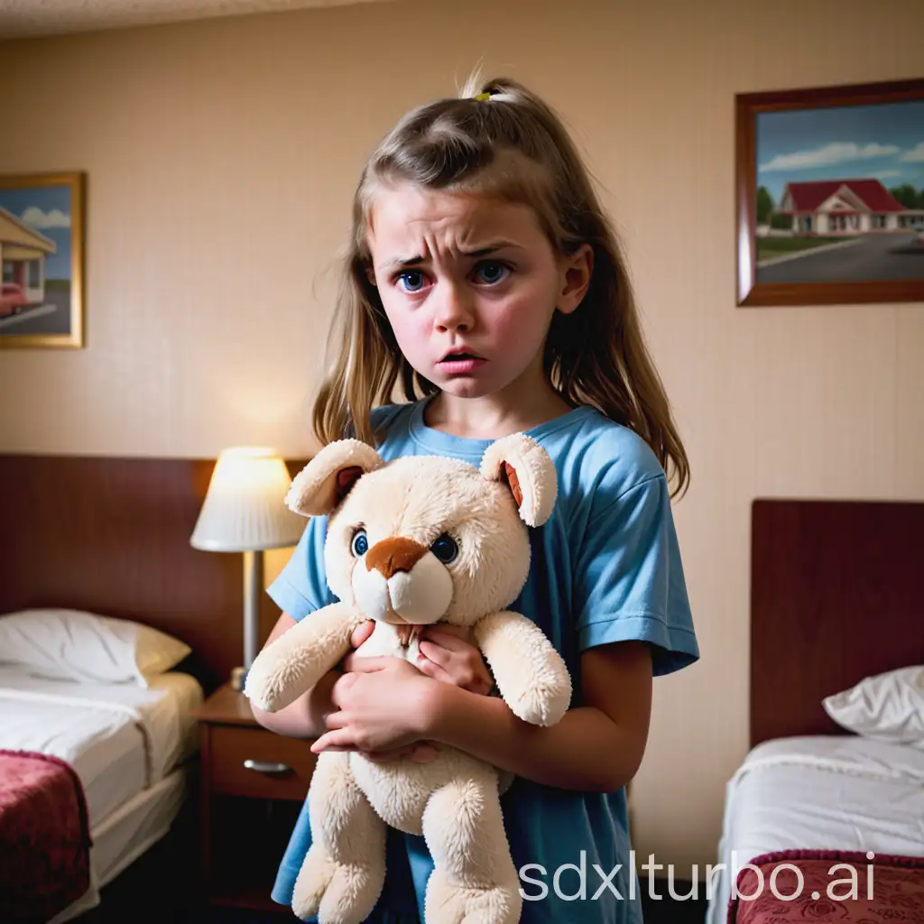 Young-Girl-Holding-Stuffed-Animal-in-Motel-Room-with-Nervous-Expression