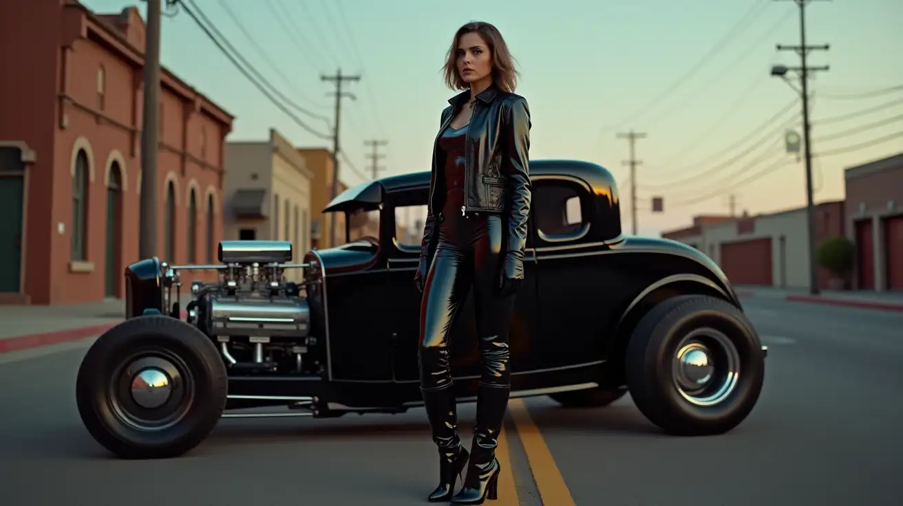 Woman-in-Shiny-PVC-Outfit-Posing-Next-to-Rat-Rod-on-Californian-Street-at-Dusk