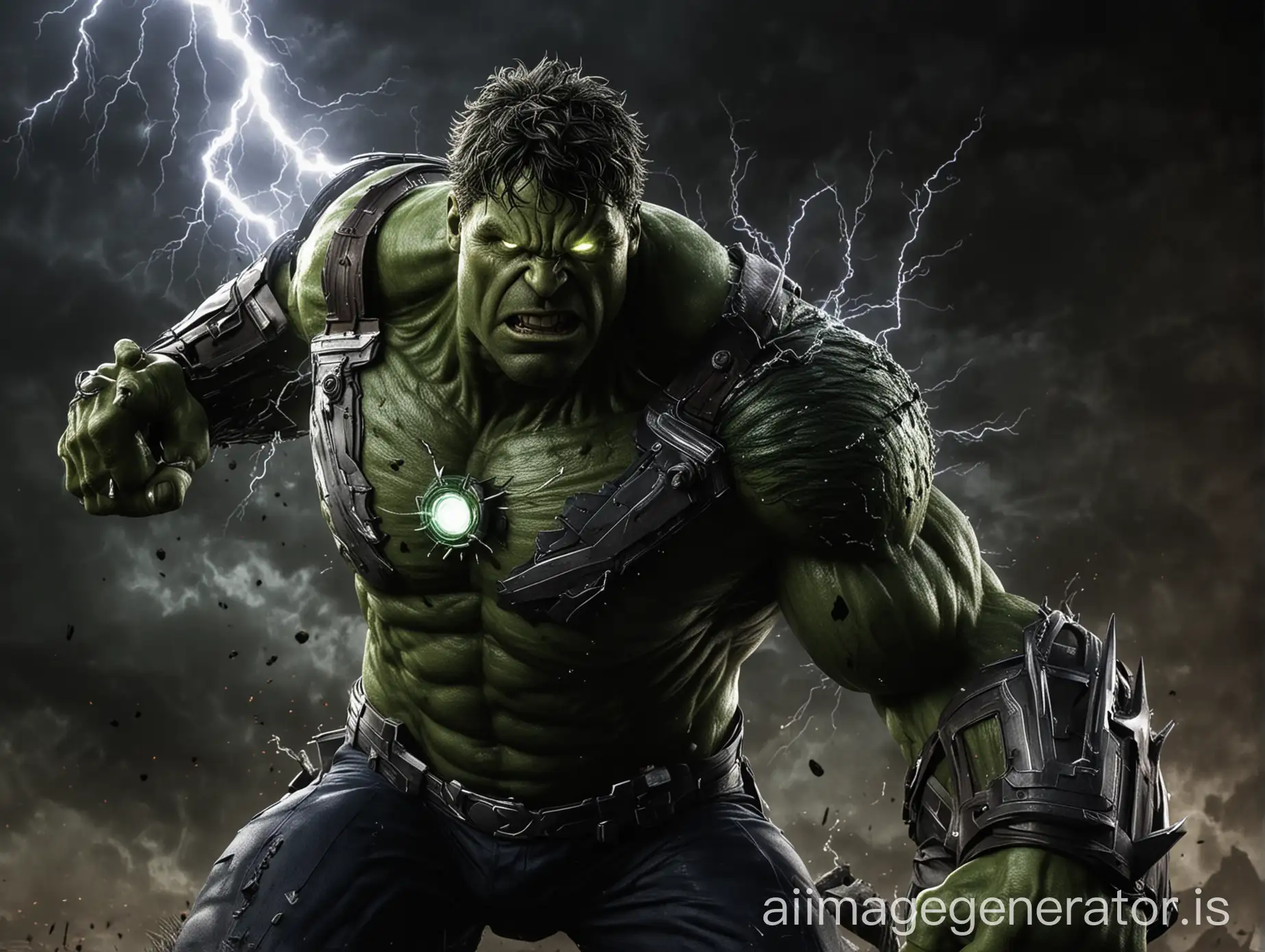 World War Hulk, Mark Ruffalo, dark background, lightning, action war, glowing object