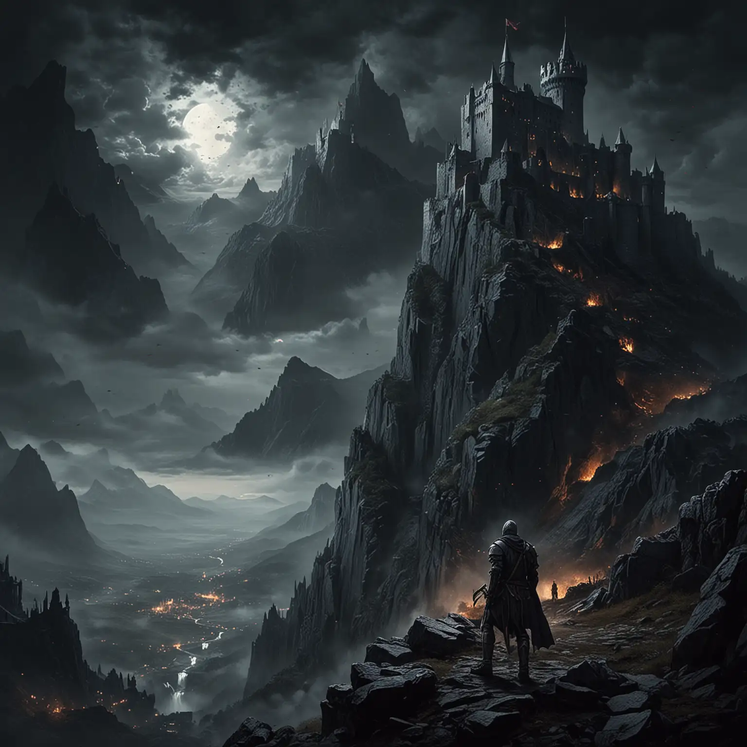 Wounded-Knight-Gazing-at-Castle-on-Mountain-in-Dark-Fantasy-Scene